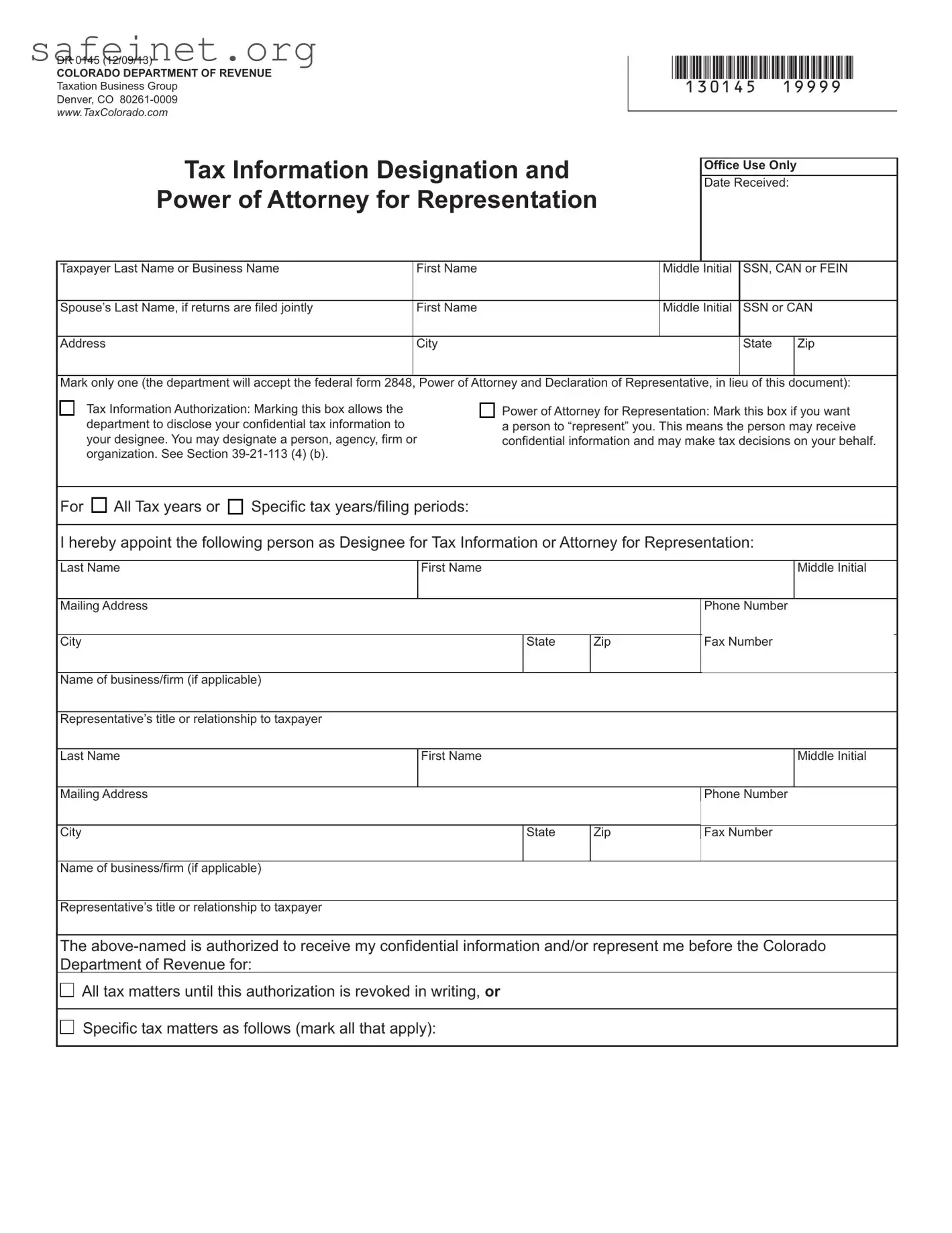 Blank Tax POA form dr 0145 Template
