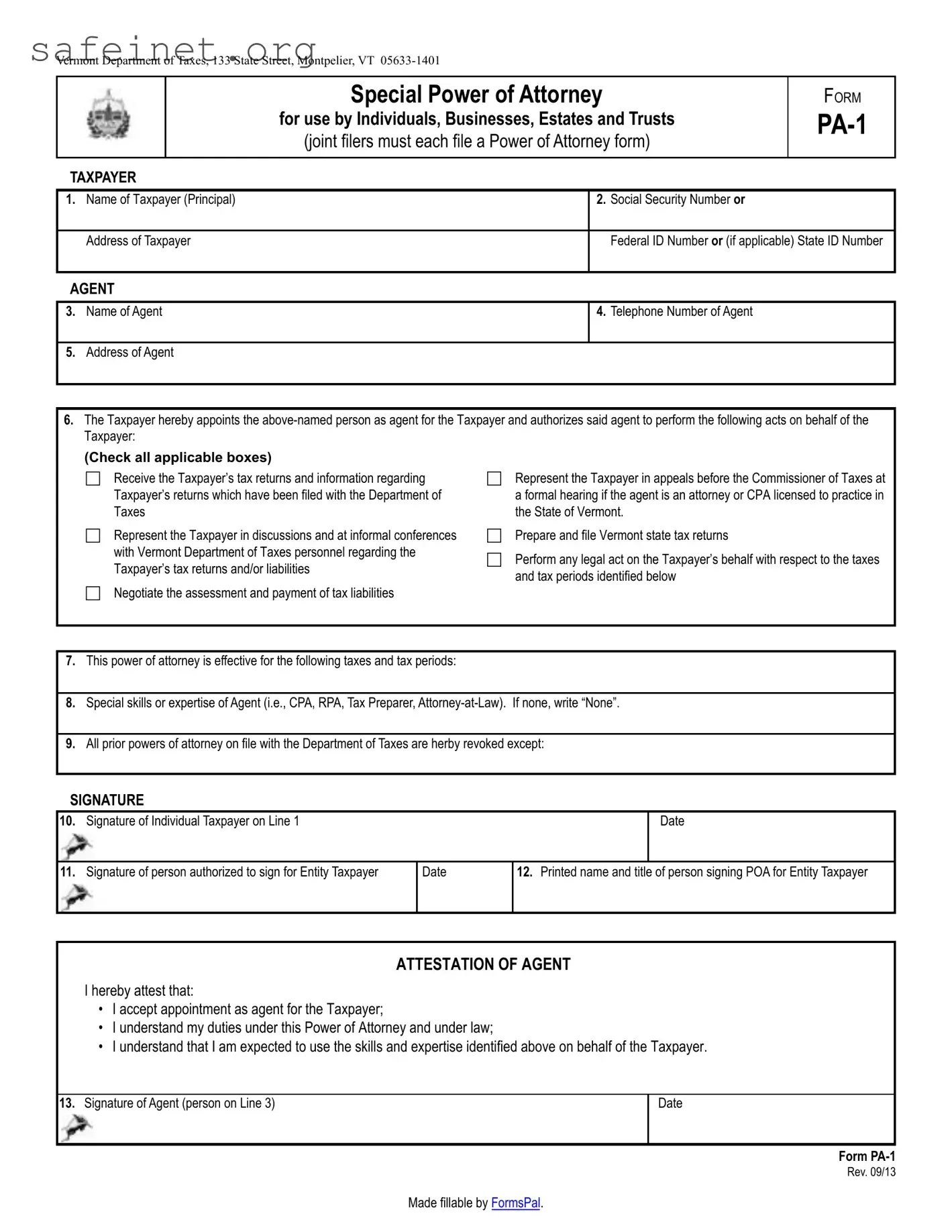 Blank Tax POA form pa-1 Template