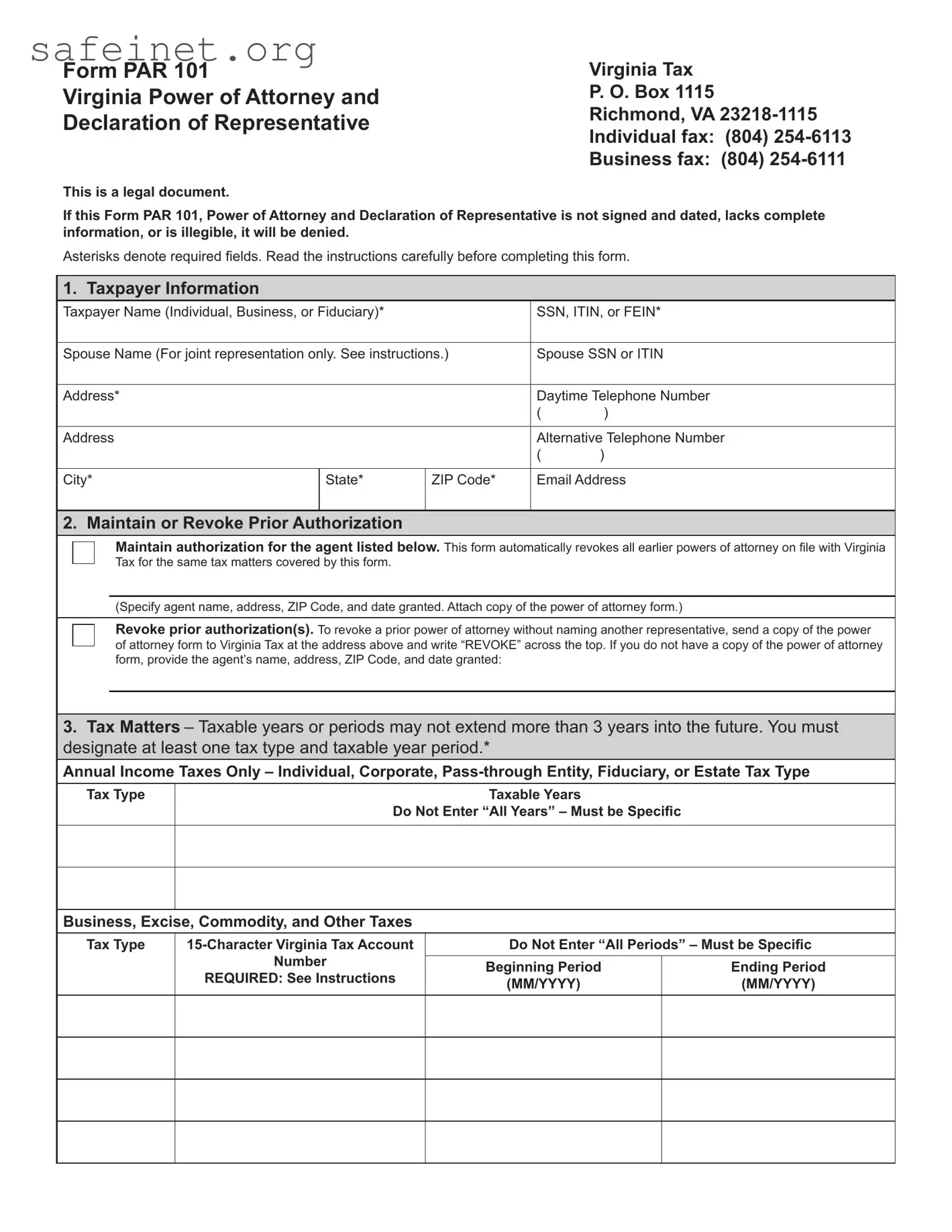 Blank Tax POA form par 101 Template