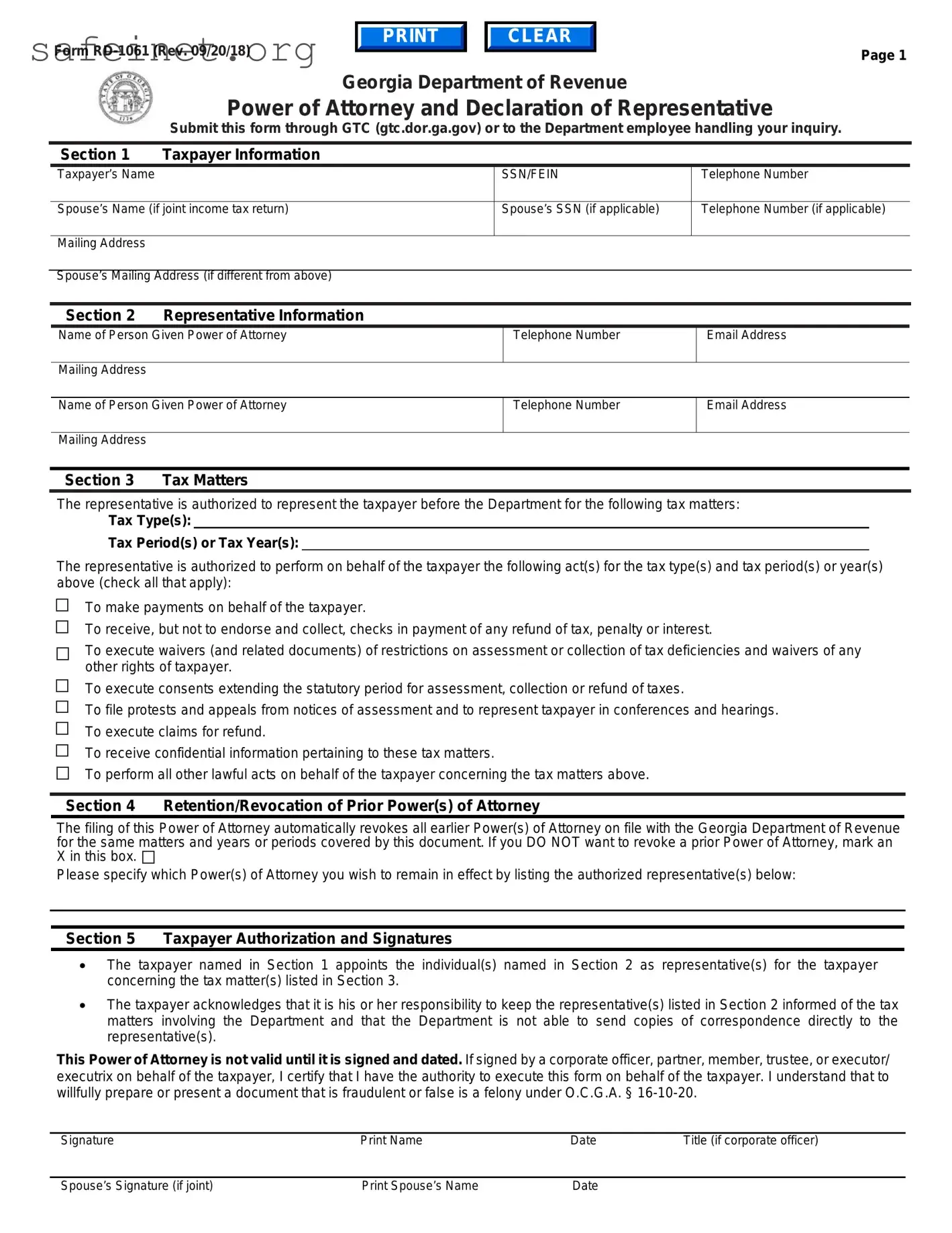Blank Tax POA form rd-1061 Template