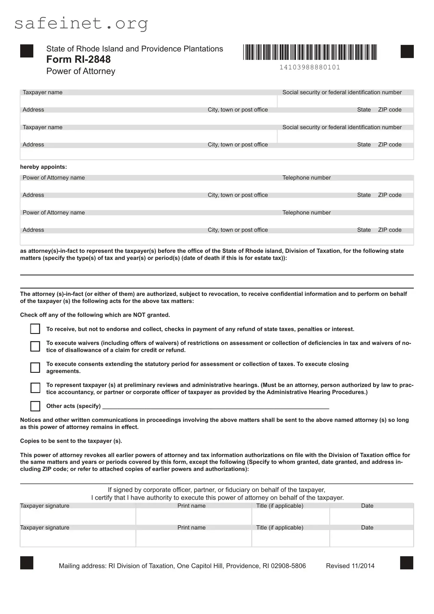 Blank Tax POA form ri-2848 Template