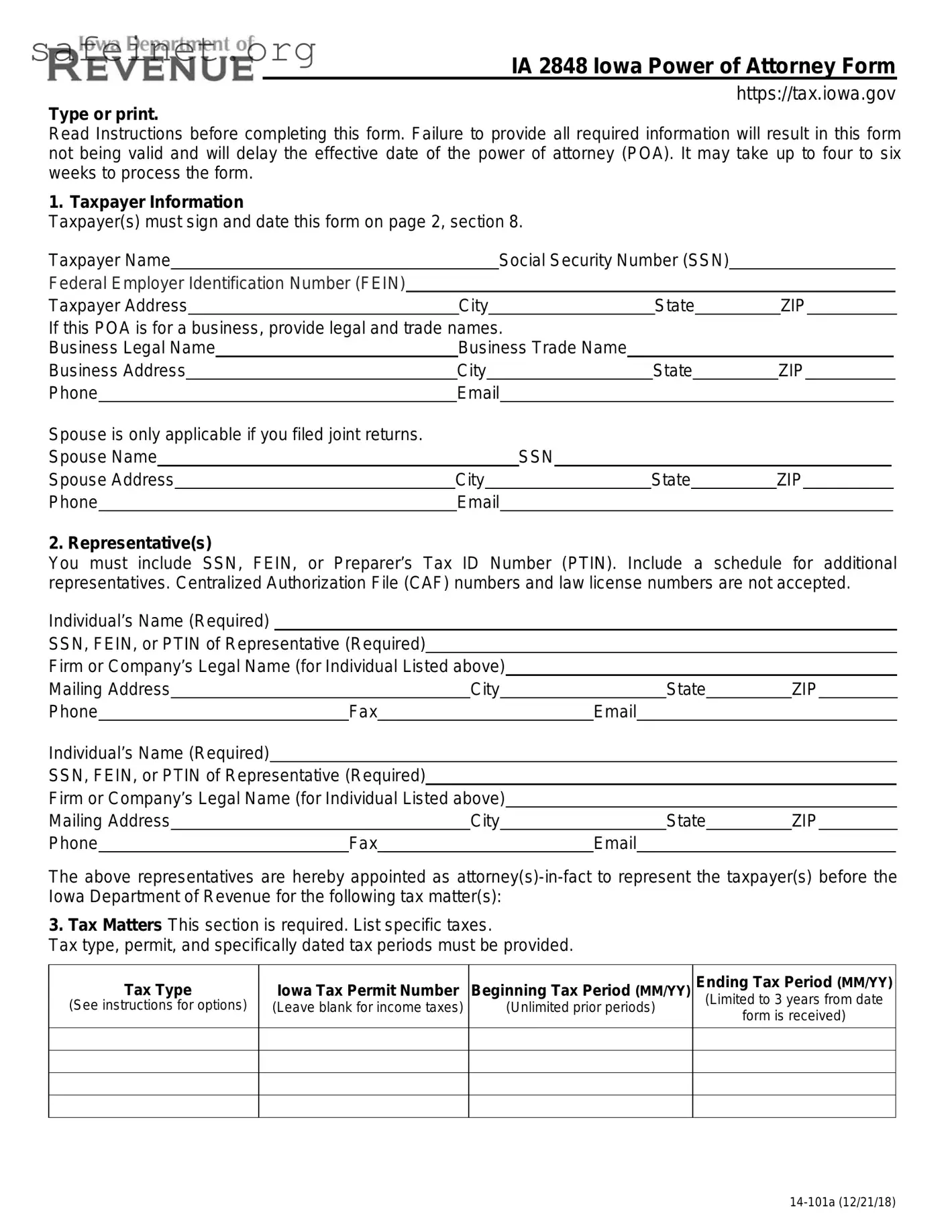 Blank Tax POA ia 2848 Template