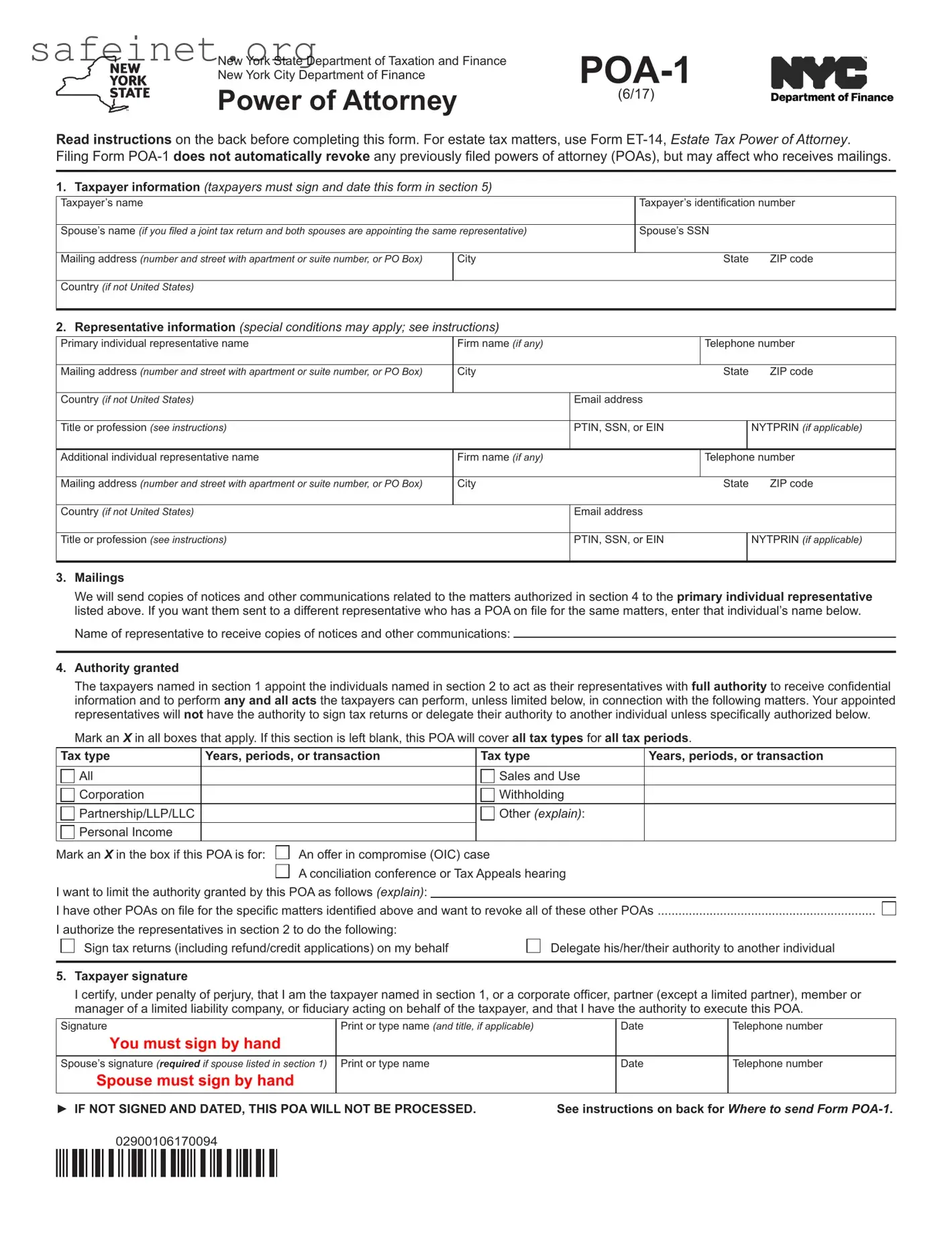 Blank Tax POA POA-1 Template