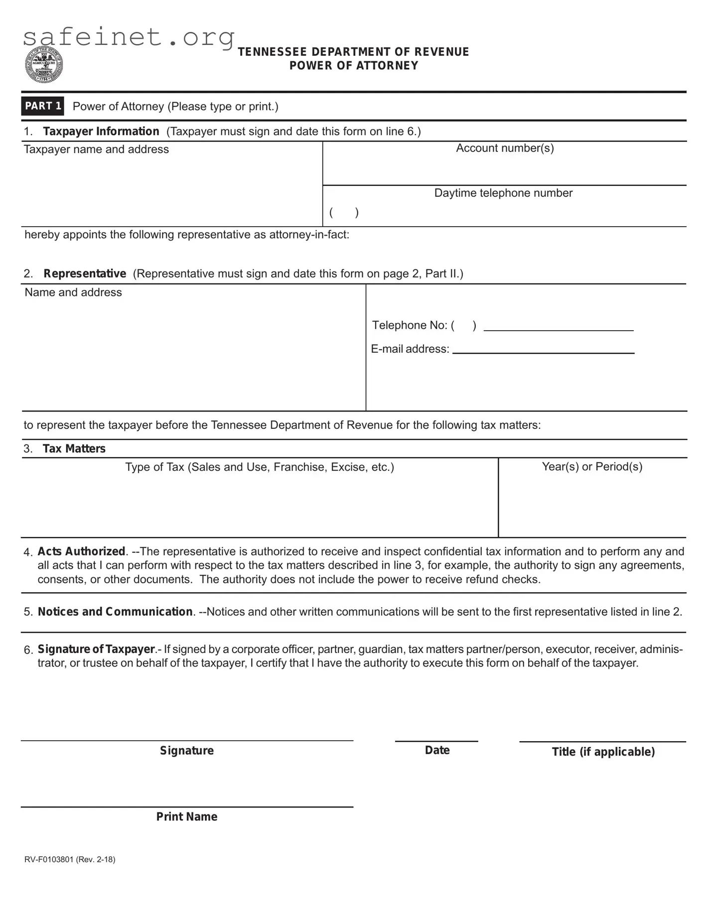 Blank Tax POA RV-F0103801 Template