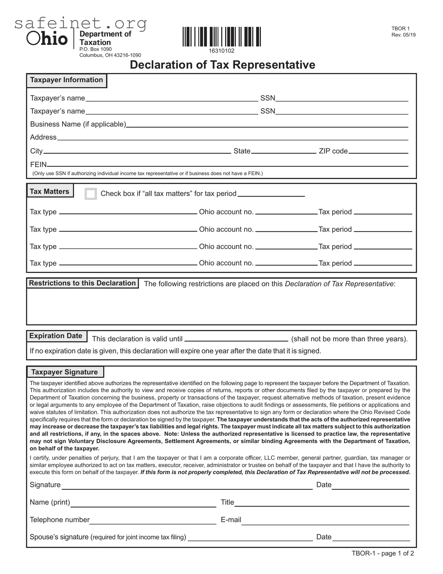 Blank Tax POA tbor-1 Template