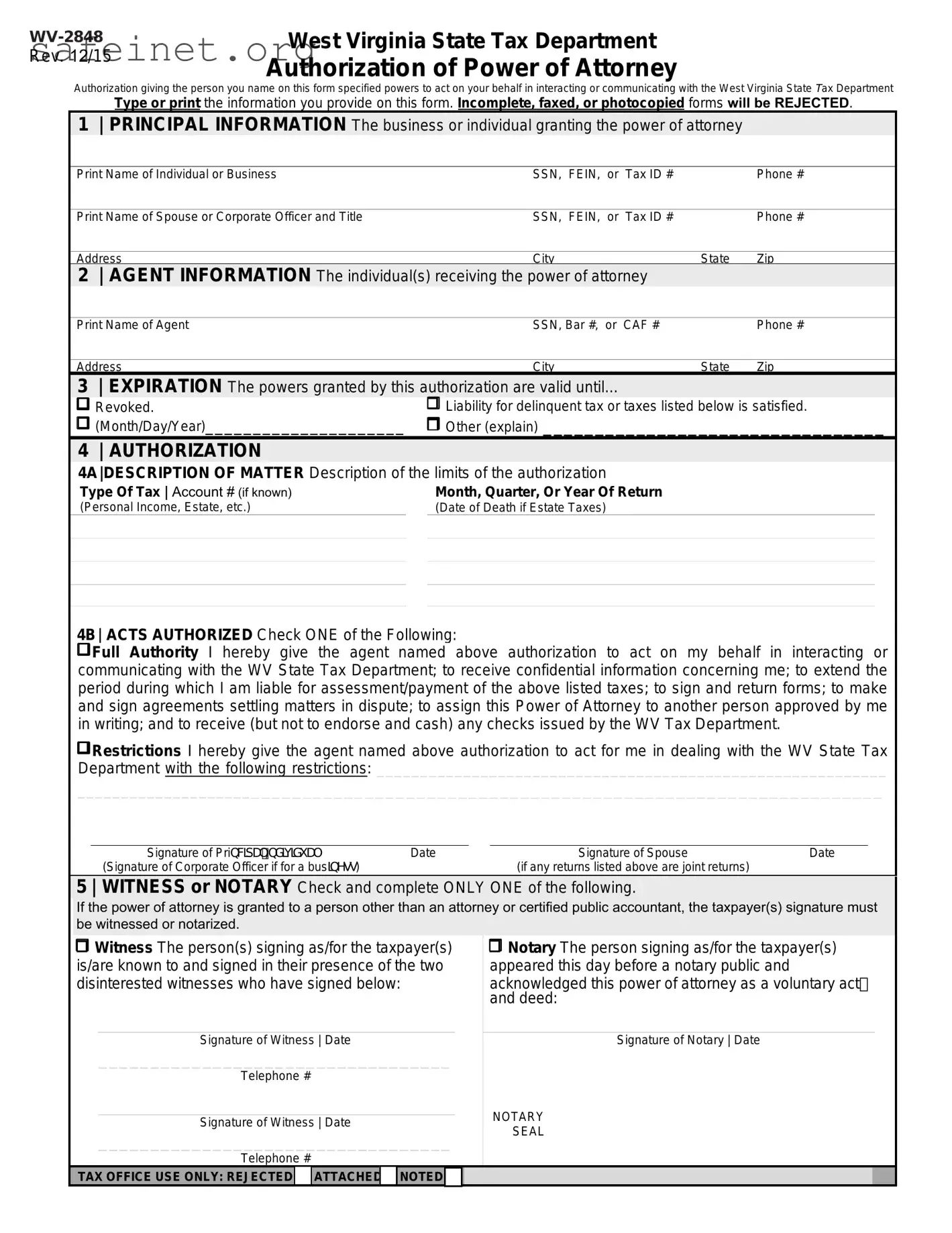 Blank Tax POA wv-2848 Template