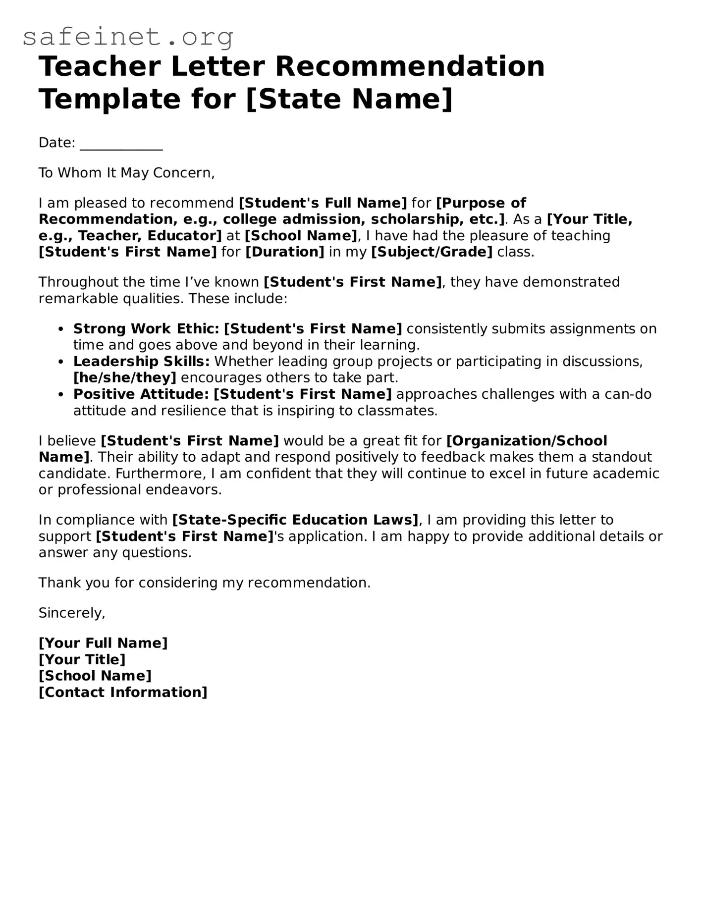Official Teacher Letter Recommendation Document