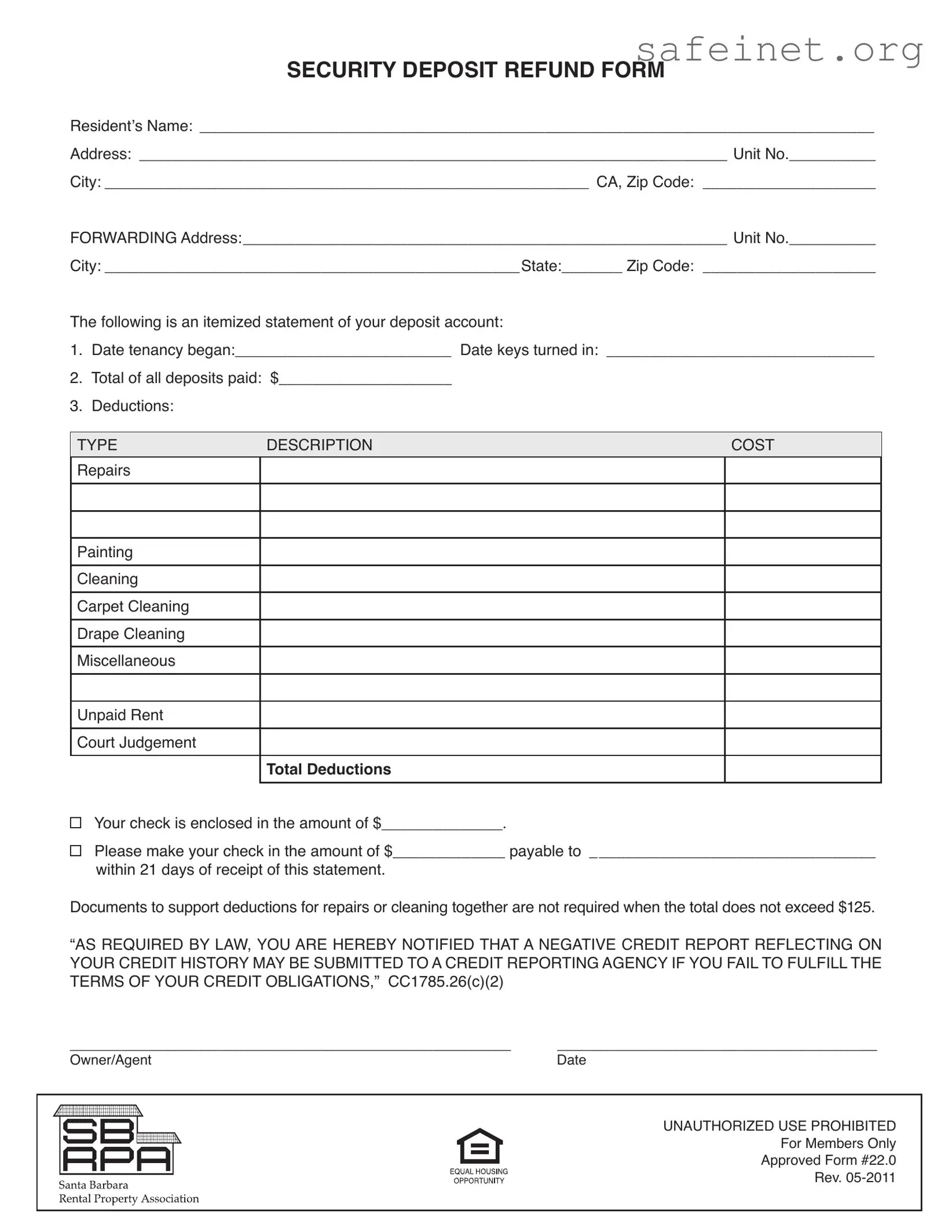 Blank Security Deposit Deductions Template