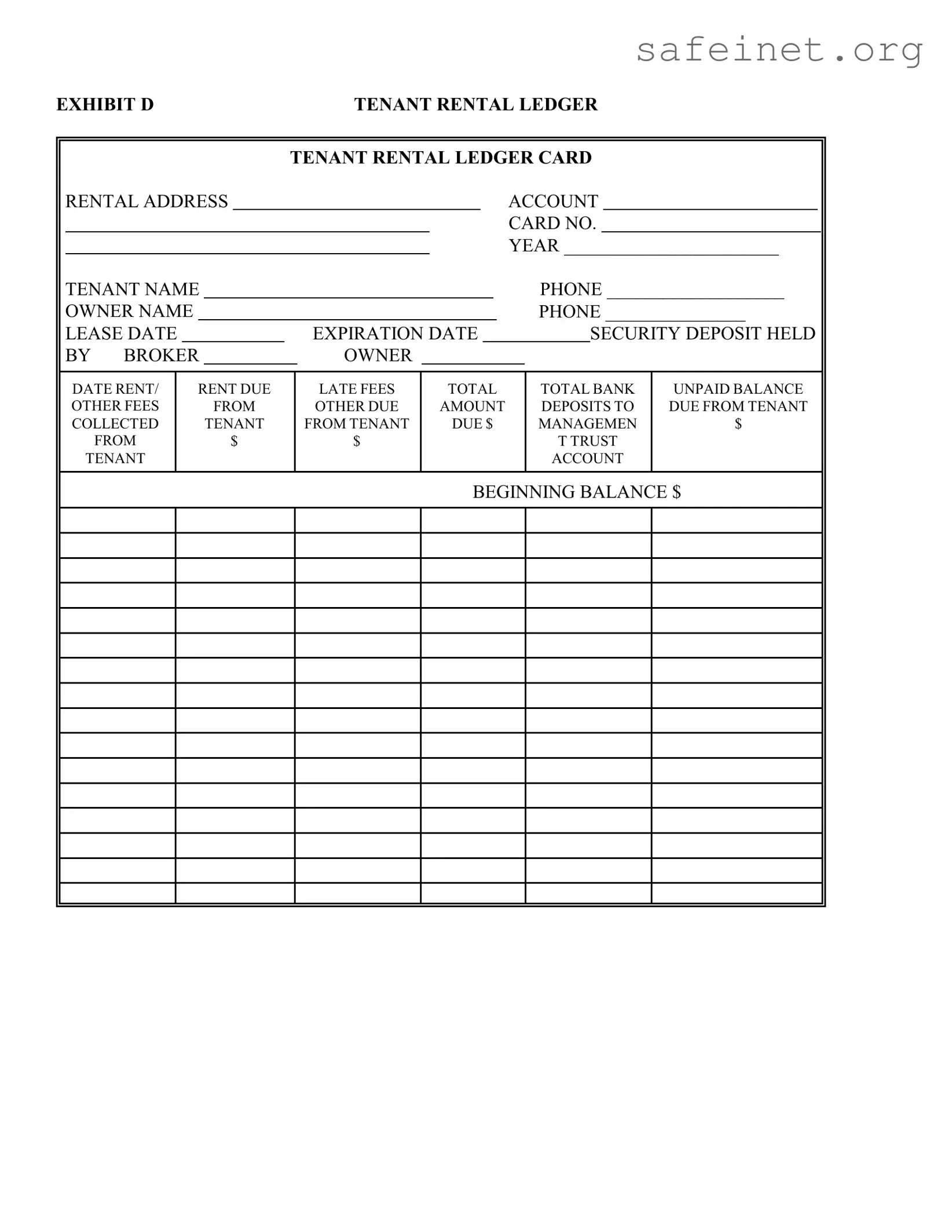 Blank Tenant Ledger Card Template