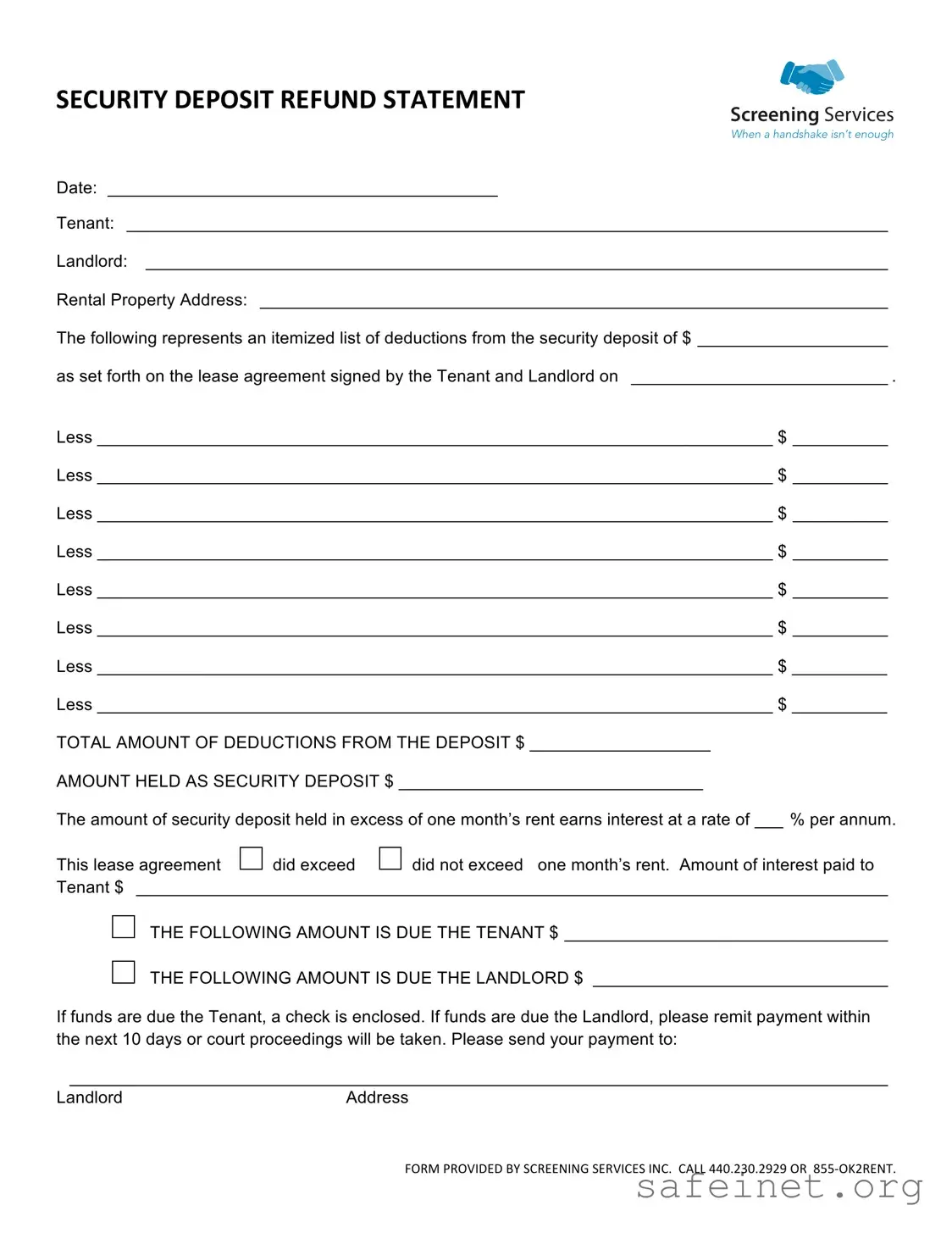 Blank Deposit Refund Template