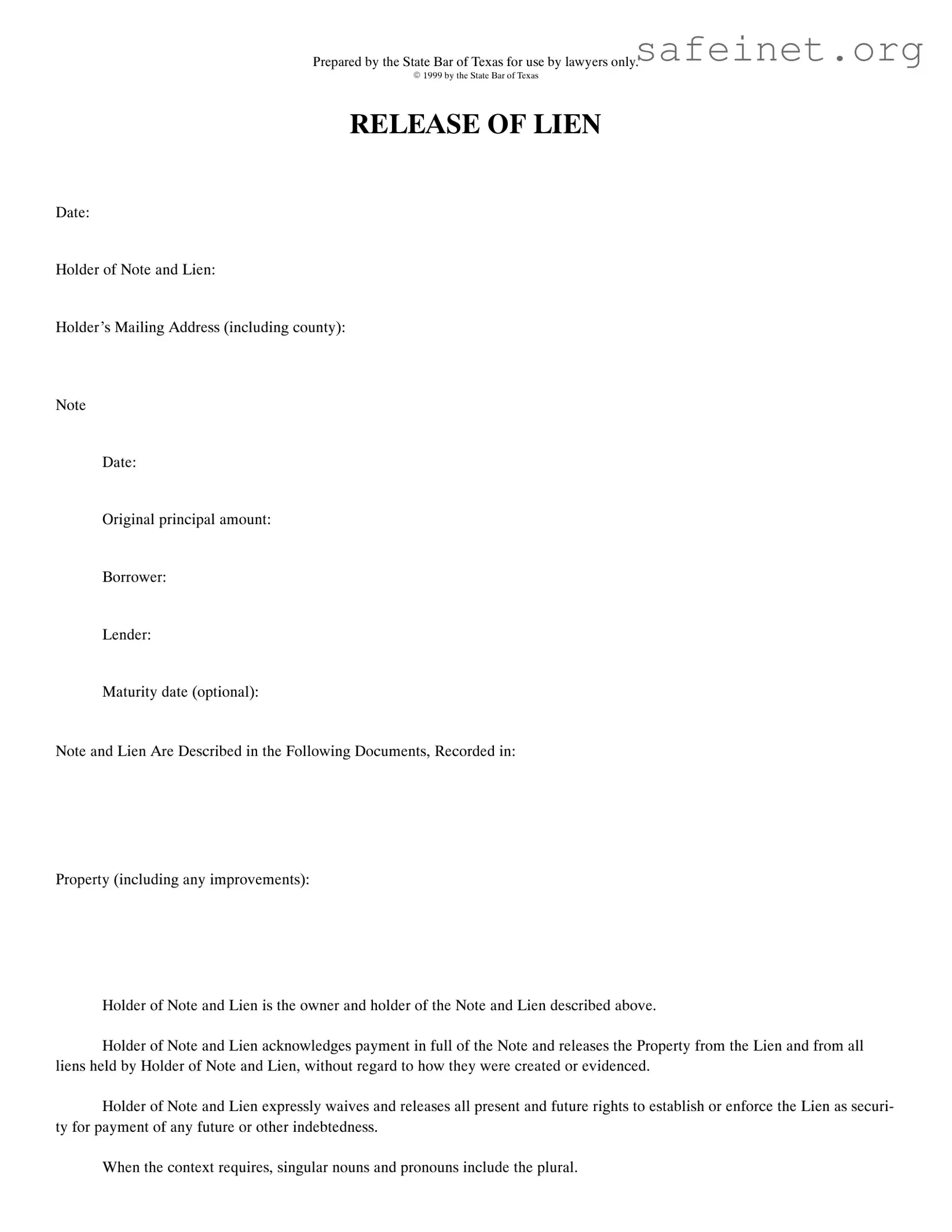 Blank Release Of Lien Texas Template