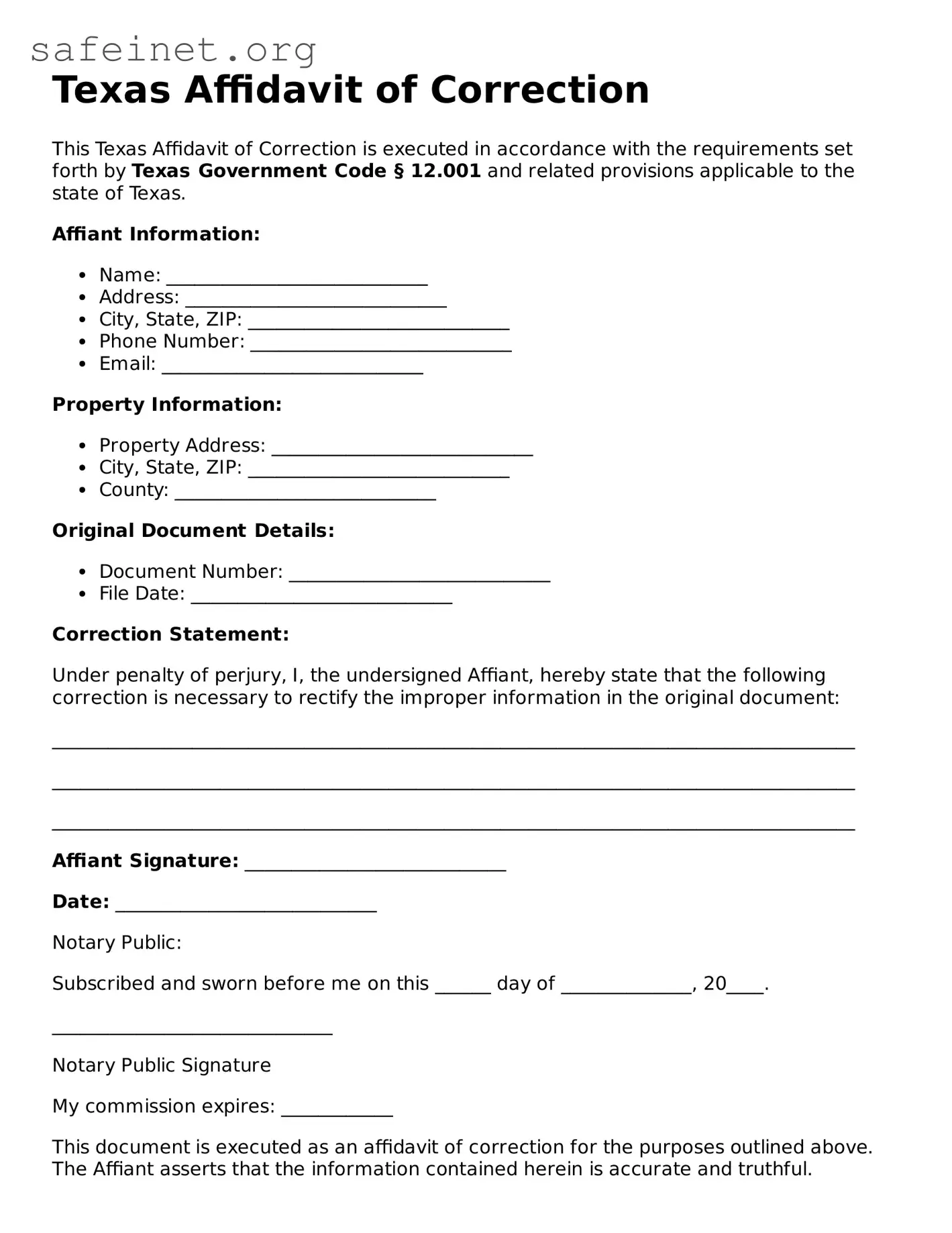 Valid Affidavit of Correction Template for the State of Texas