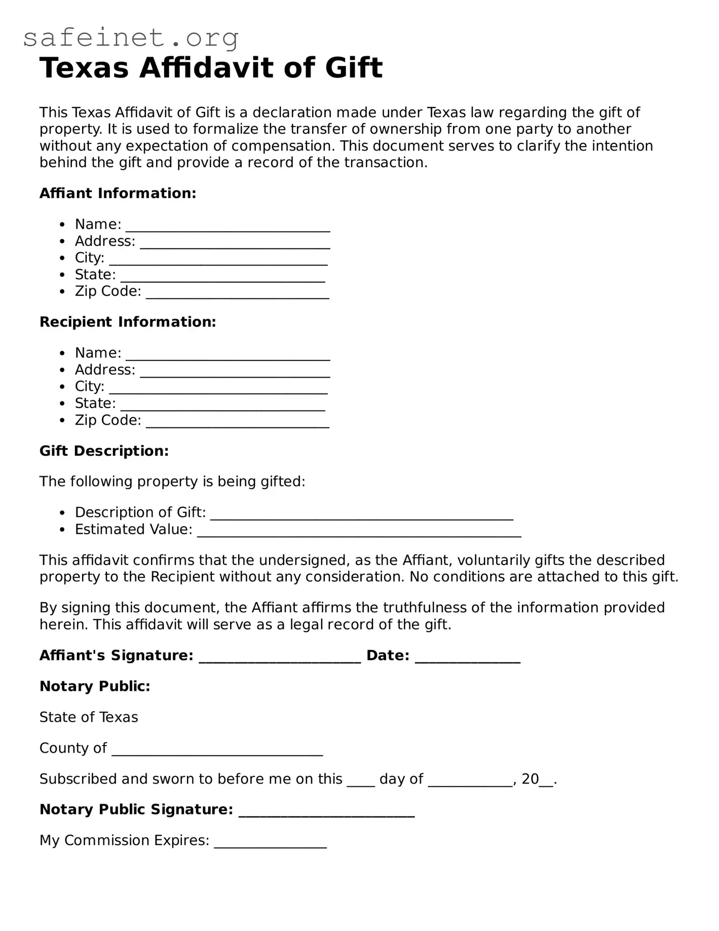 Valid Affidavit of Gift Template for the State of Texas
