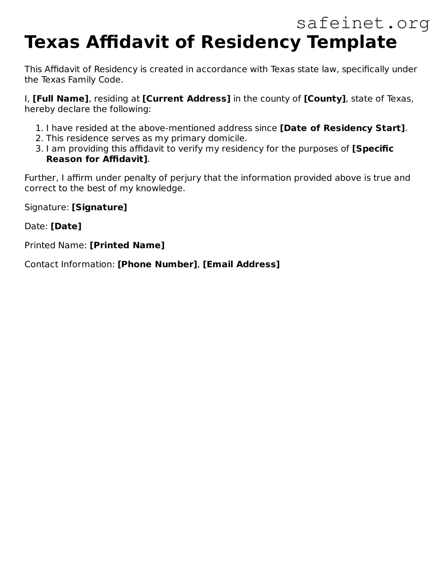 Valid Affidavit of Residency Template for the State of Texas