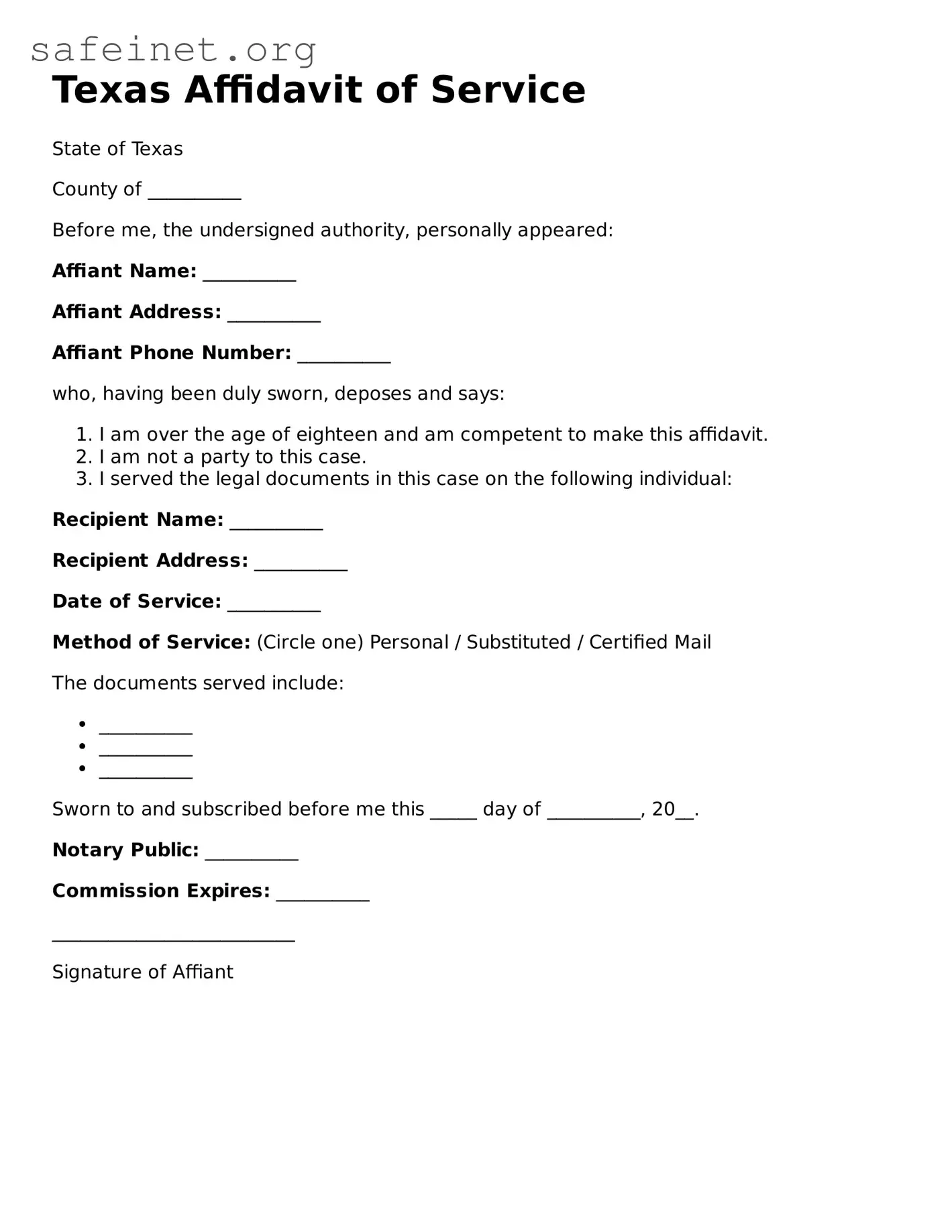 Valid Affidavit of Service Template for the State of Texas