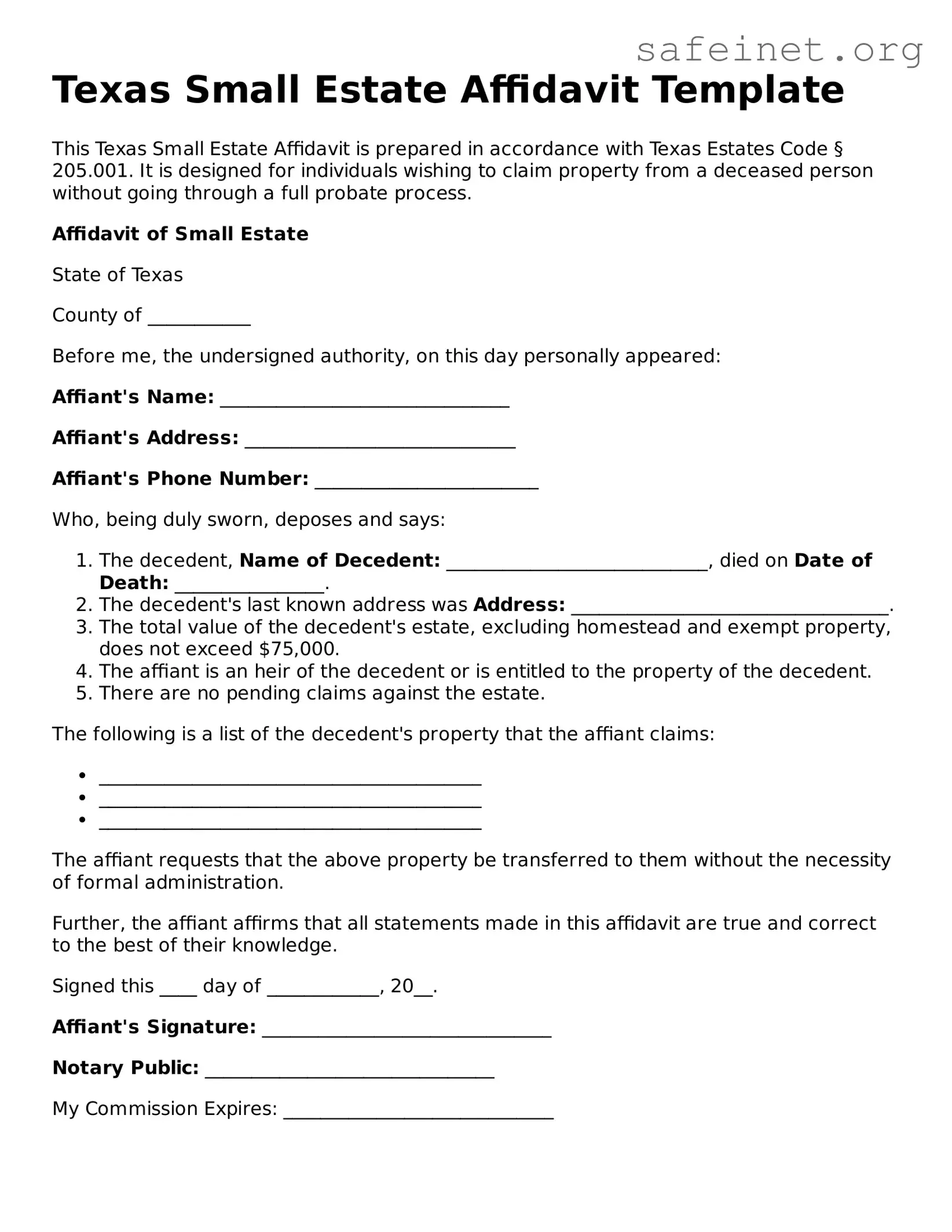 Valid Small Estate Affidavit Template for the State of Texas