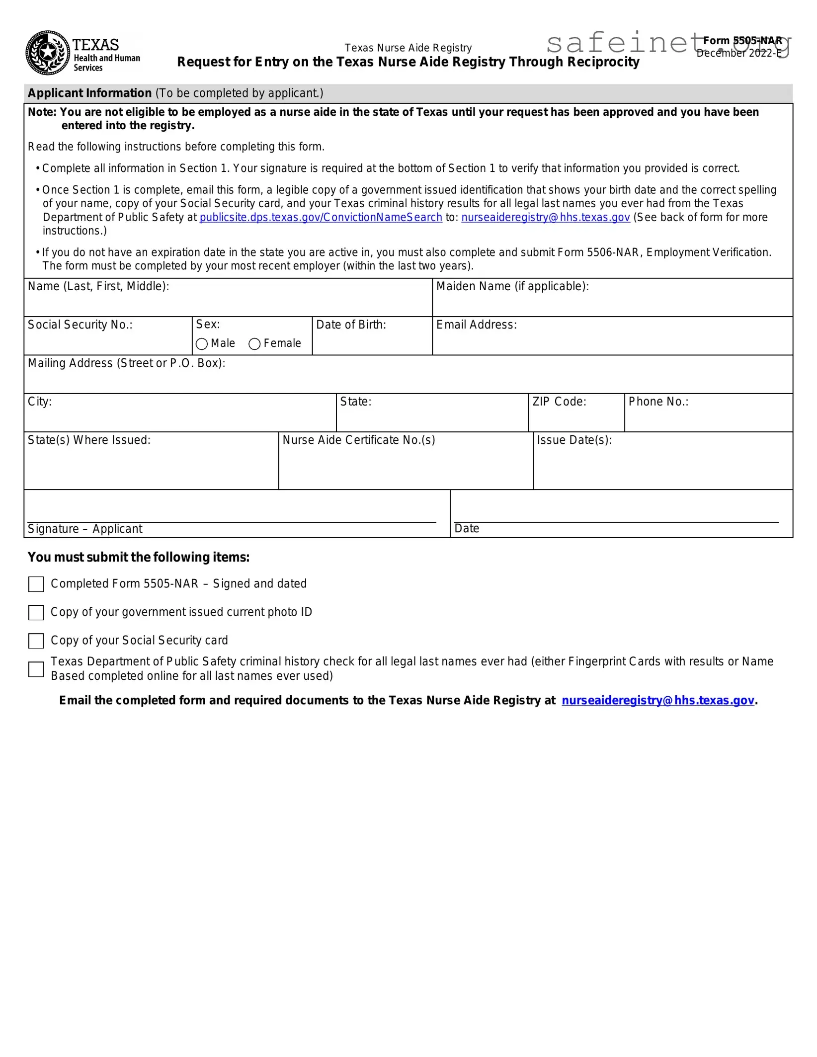 Blank Texas Nurse Aide Registry 5505-NAR Template