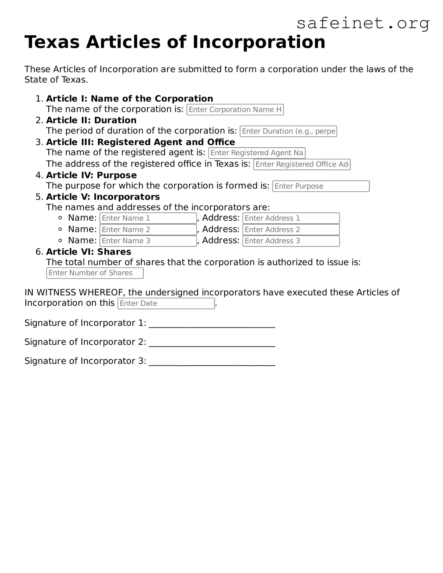 Valid Articles of Incorporation Template for the State of Texas