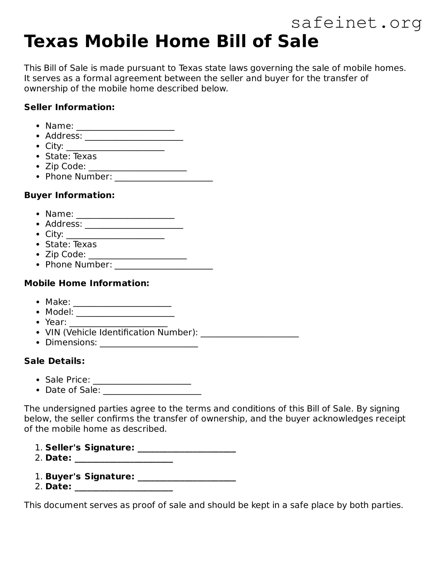 Valid Mobile Home Bill of Sale Template for the State of Texas