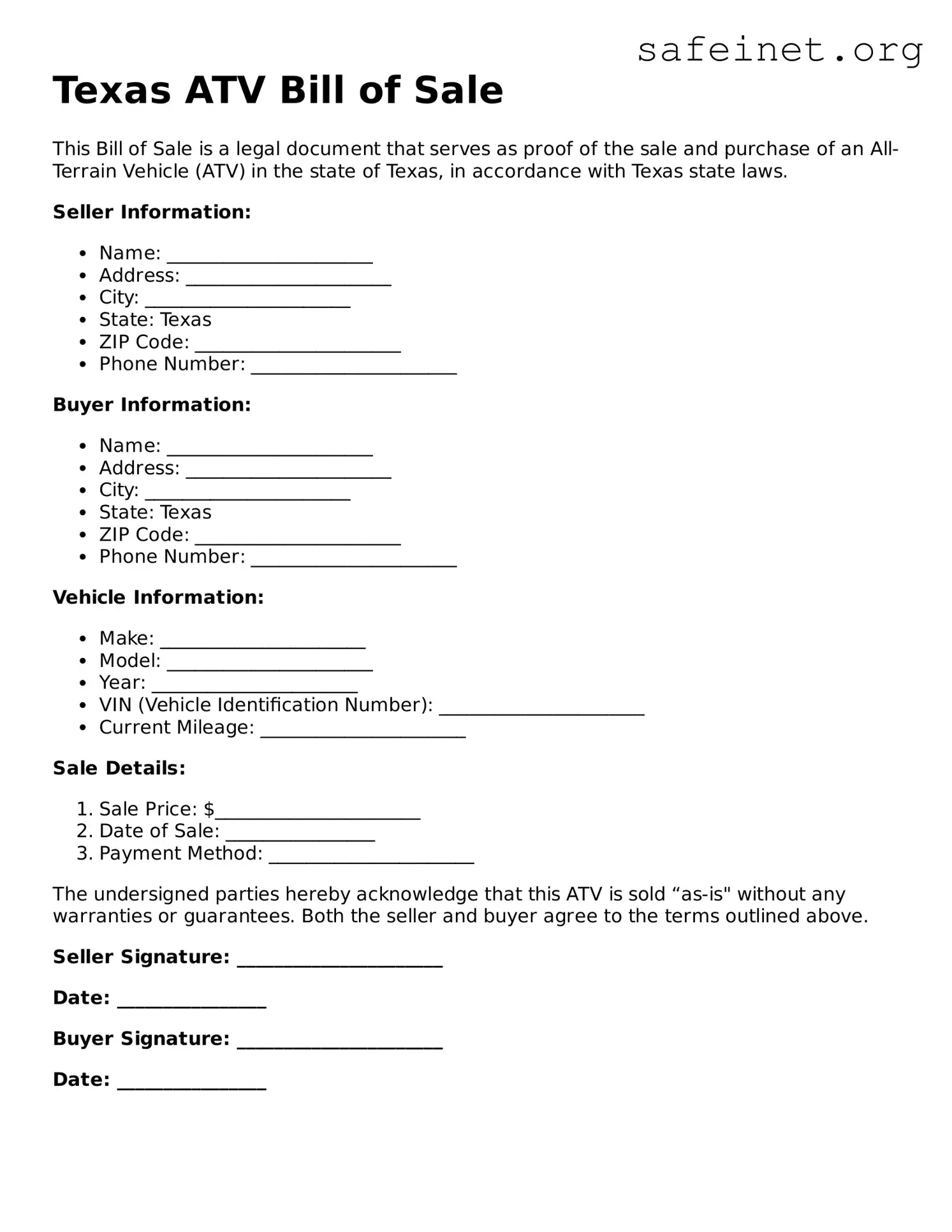 Valid ATV Bill of Sale Template for the State of Texas