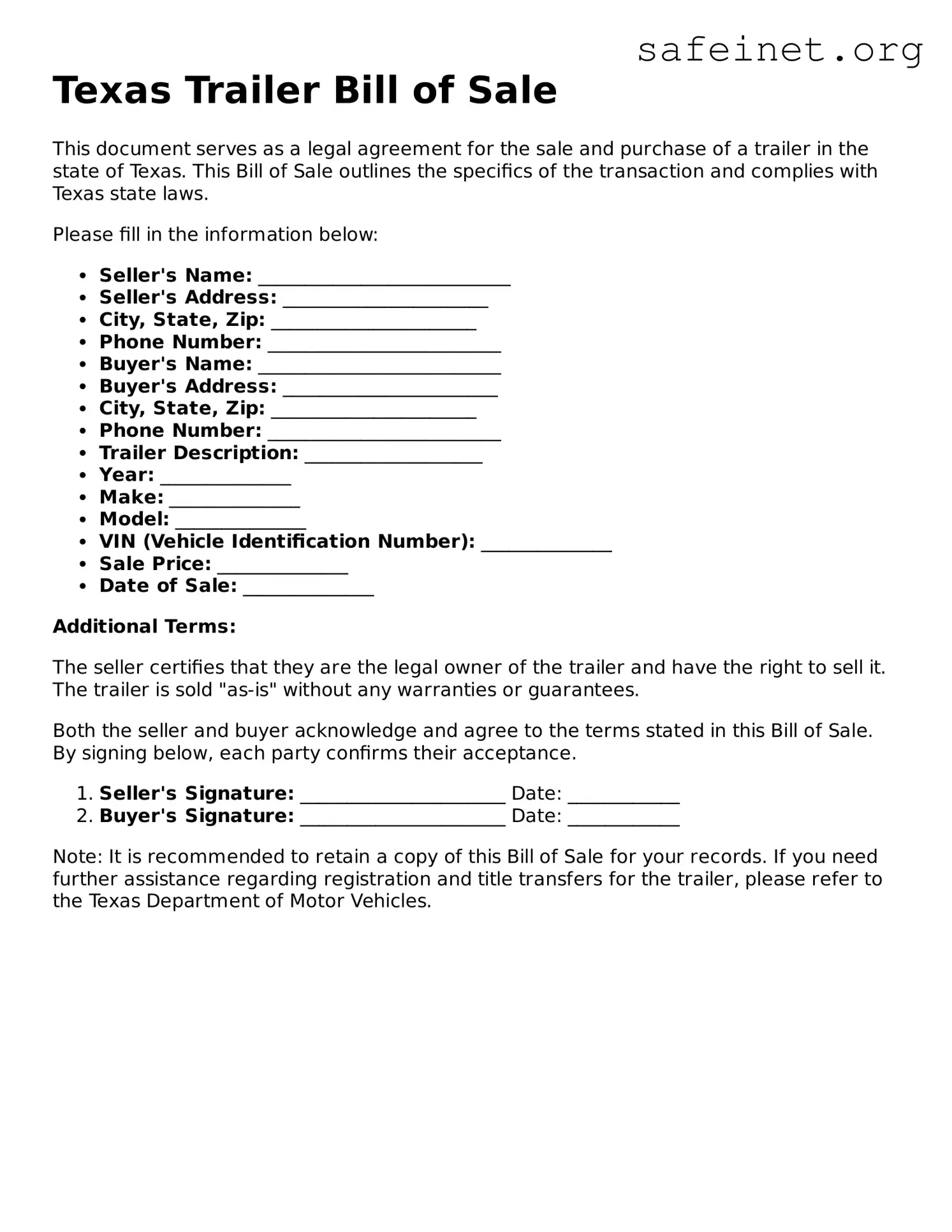 Valid Trailer Bill of Sale Template for the State of Texas