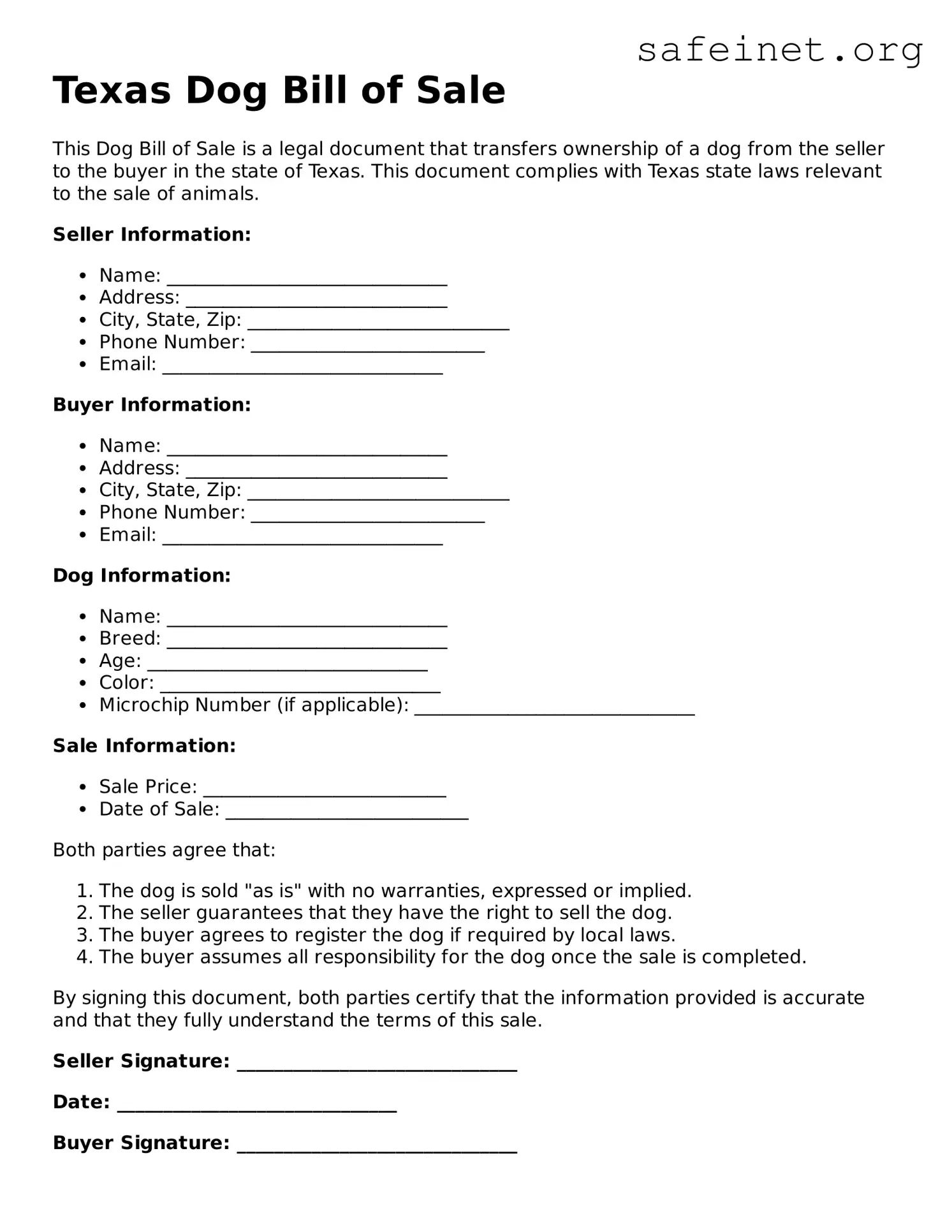 Valid Dog Bill of Sale Template for the State of Texas