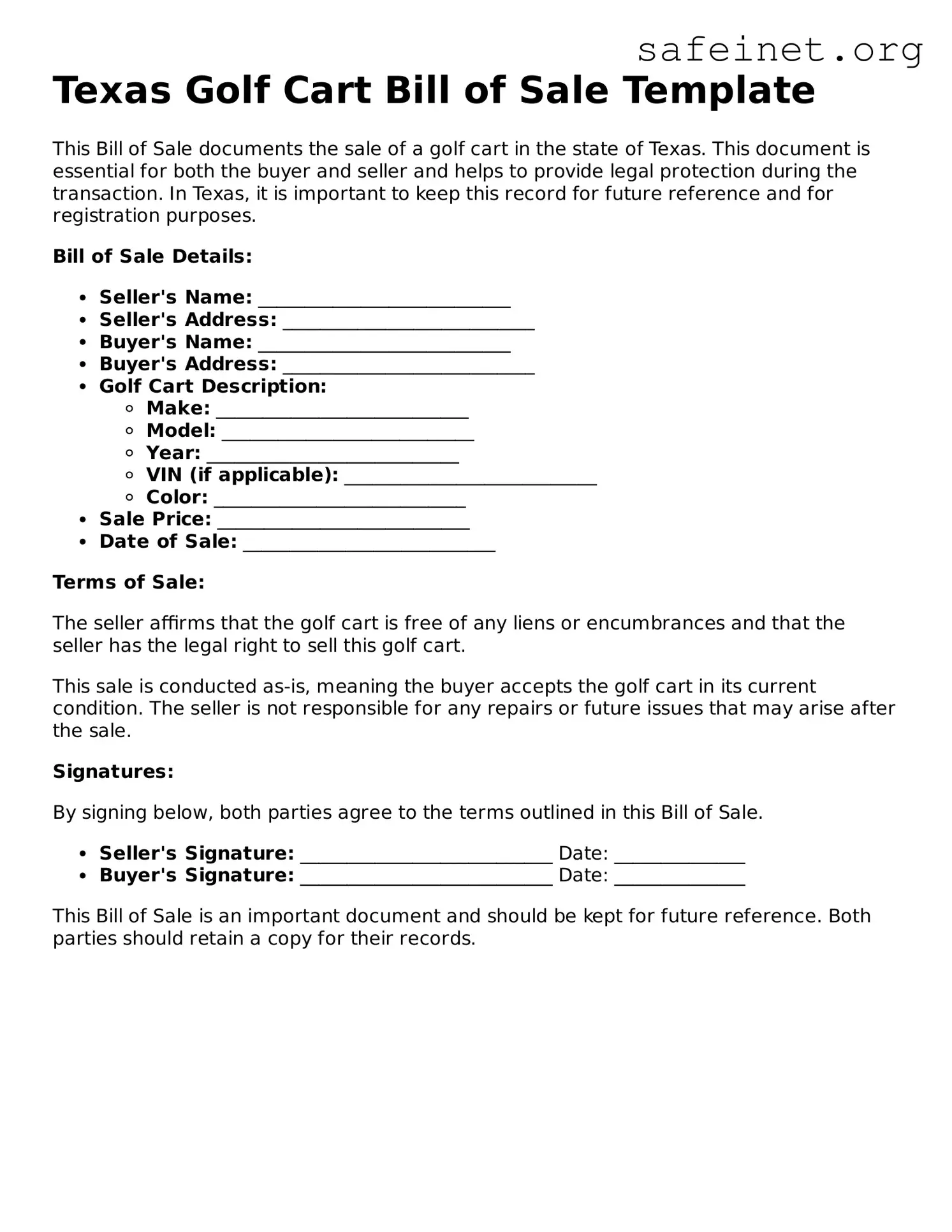 Valid Golf Cart Bill of Sale Template for the State of Texas
