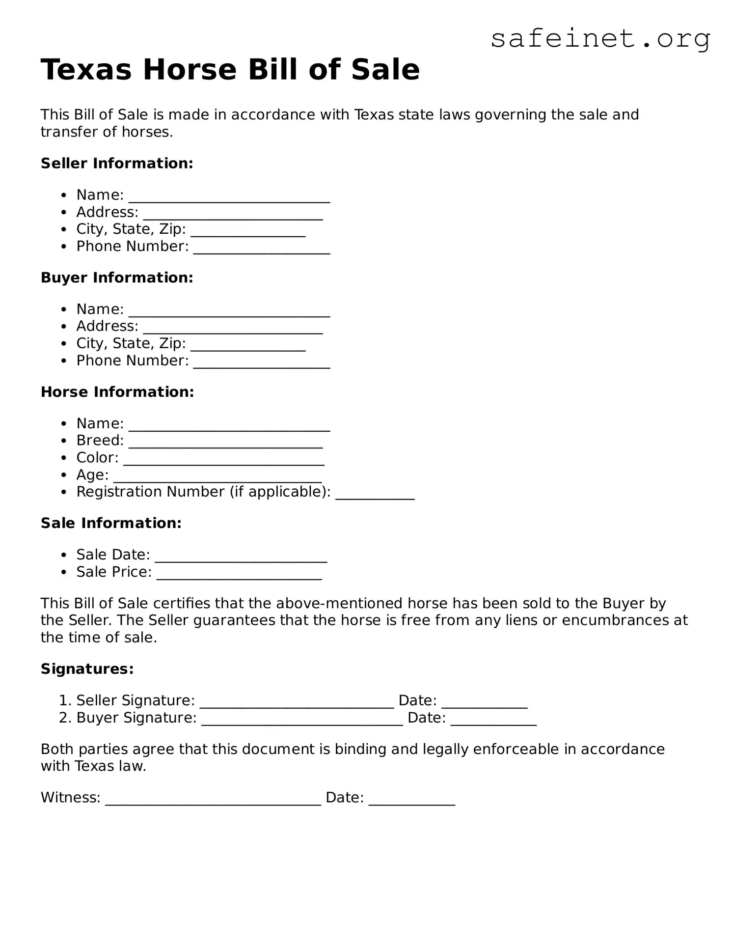Valid Horse Bill of Sale Template for the State of Texas