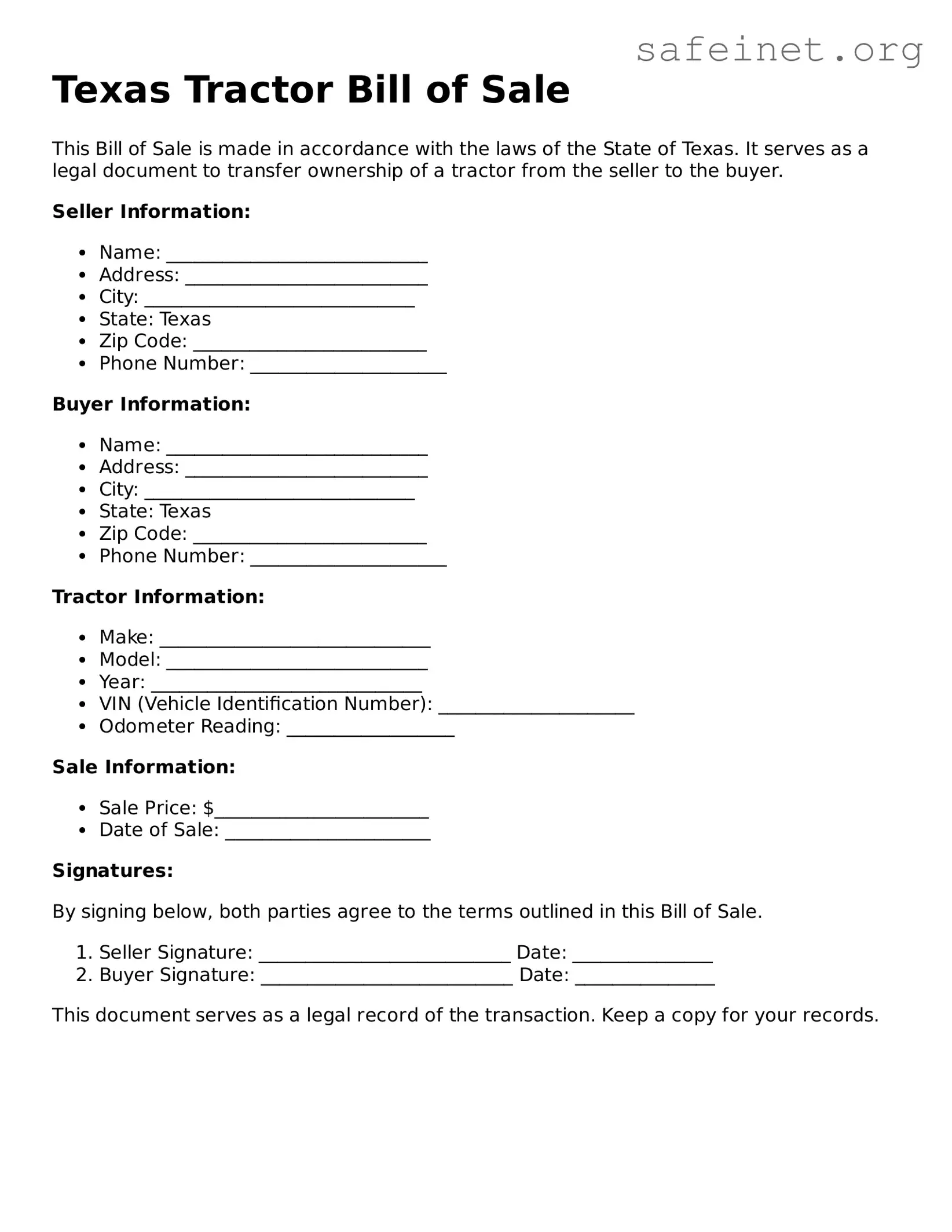 Valid Tractor Bill of Sale Template for the State of Texas