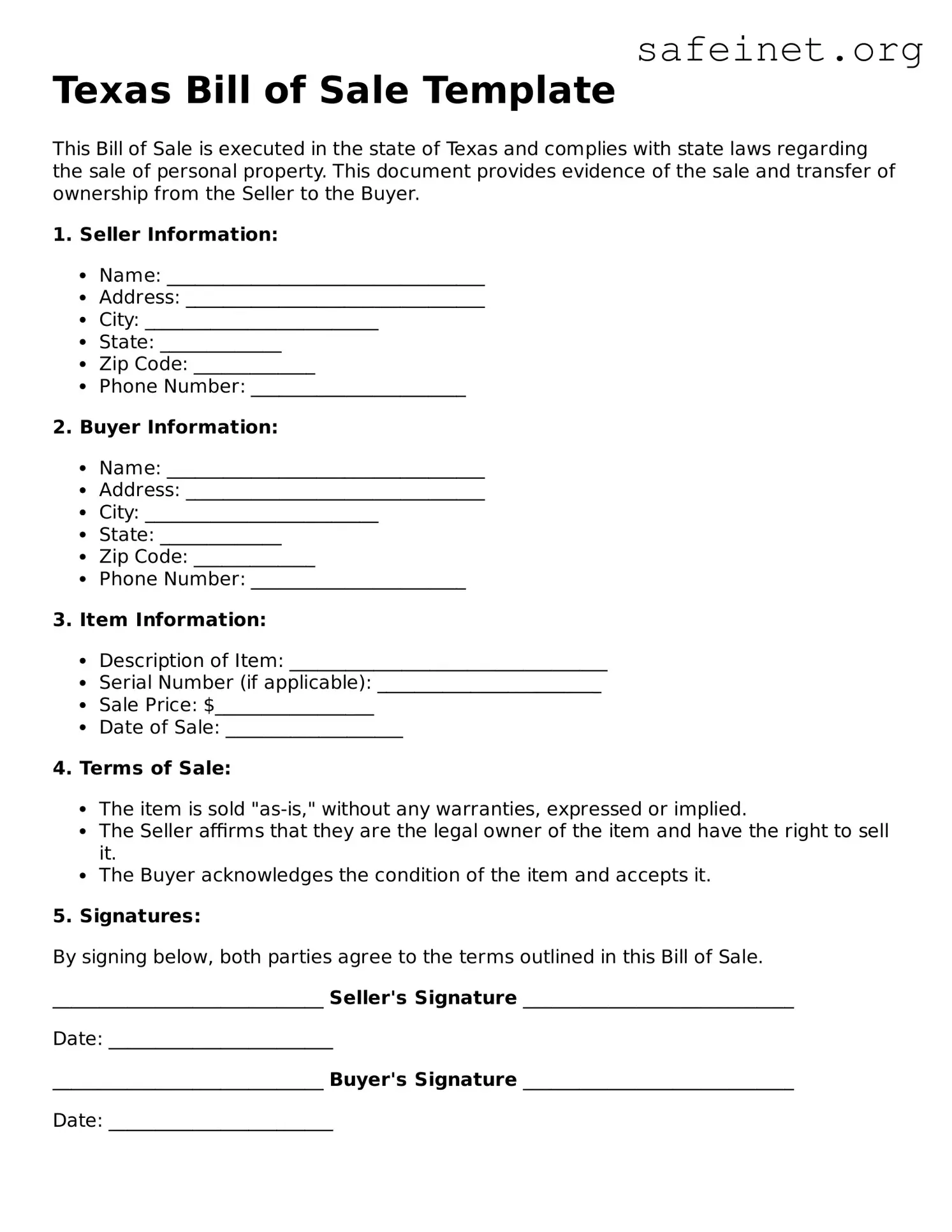 Valid Bill of Sale Template for the State of Texas