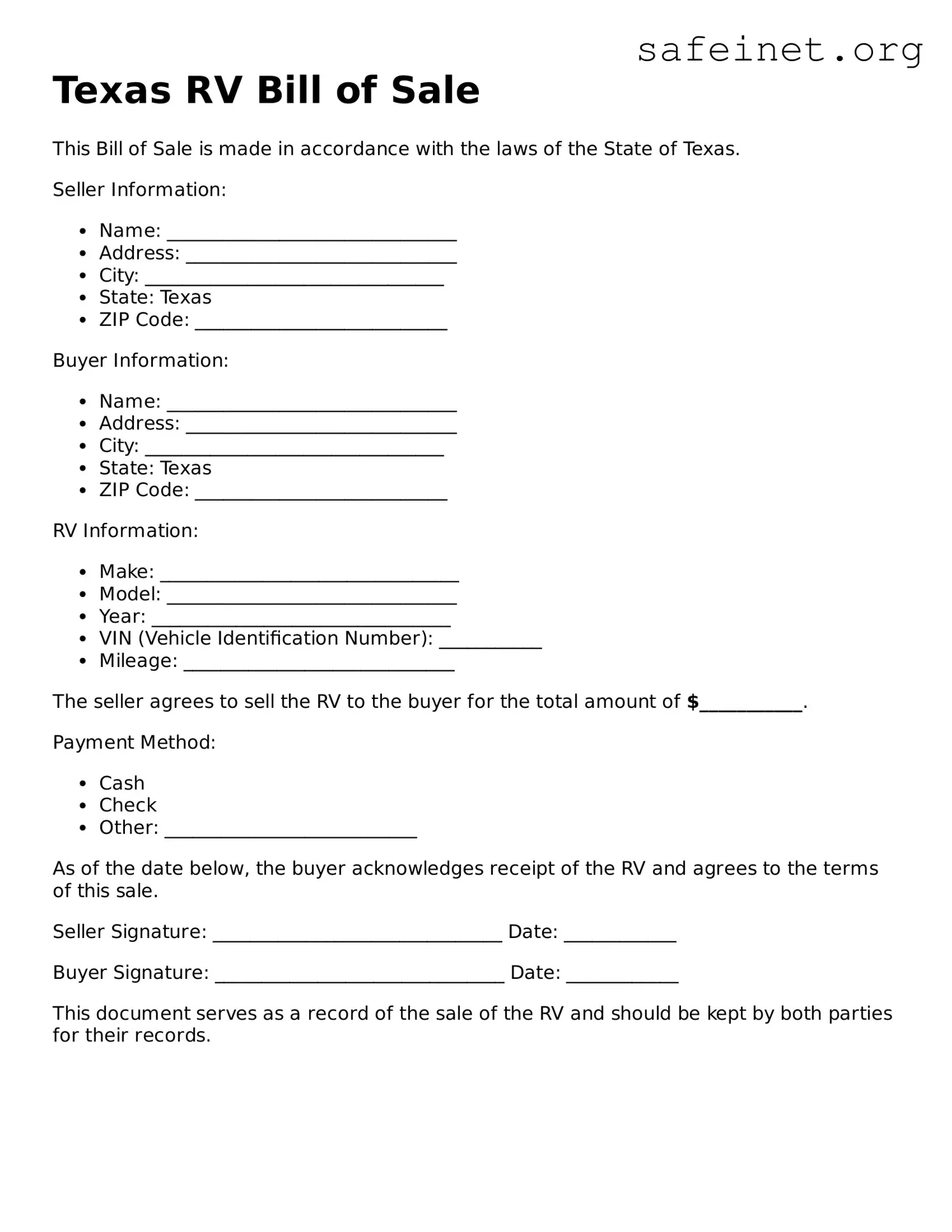 Valid RV Bill of Sale Template for the State of Texas