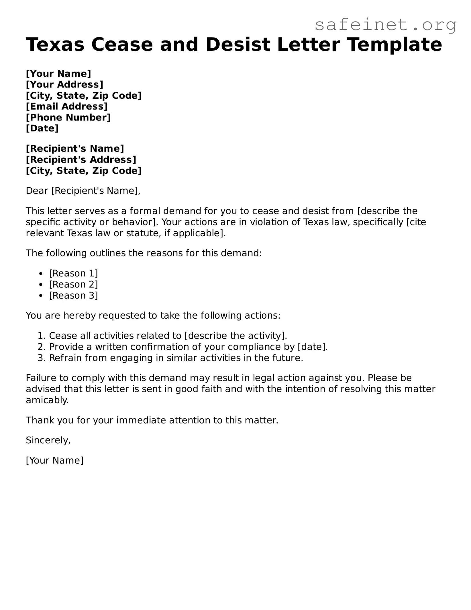 Valid Cease and Desist Letter Template for the State of Texas