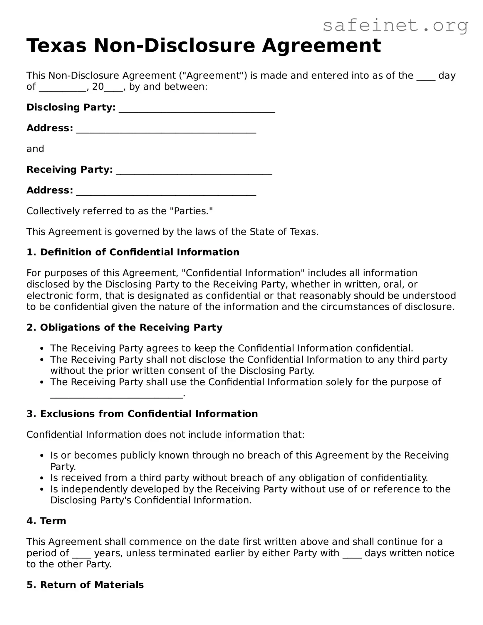 Valid Non-disclosure Agreement Template for the State of Texas