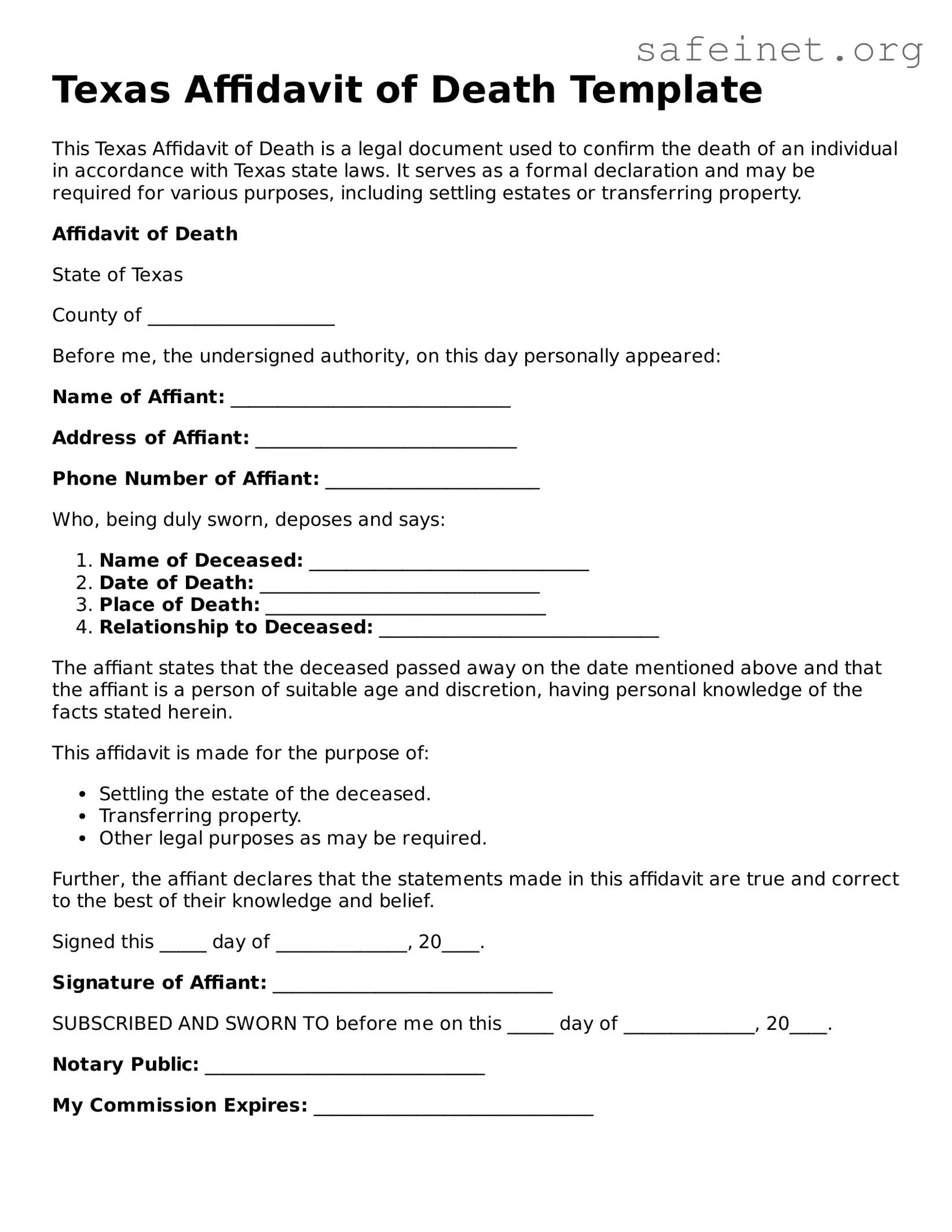 Valid Affidavit of Death Template for the State of Texas