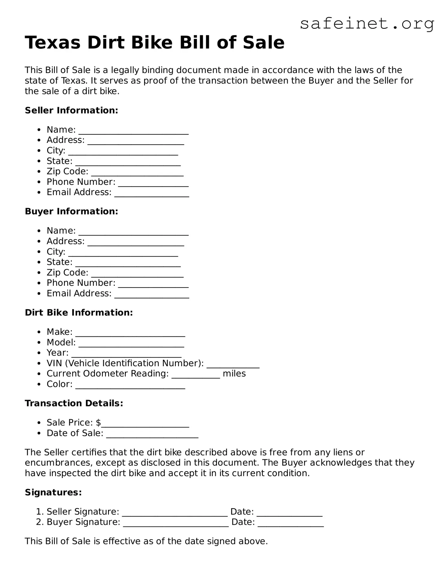 Valid Dirt Bike Bill of Sale Template for the State of Texas