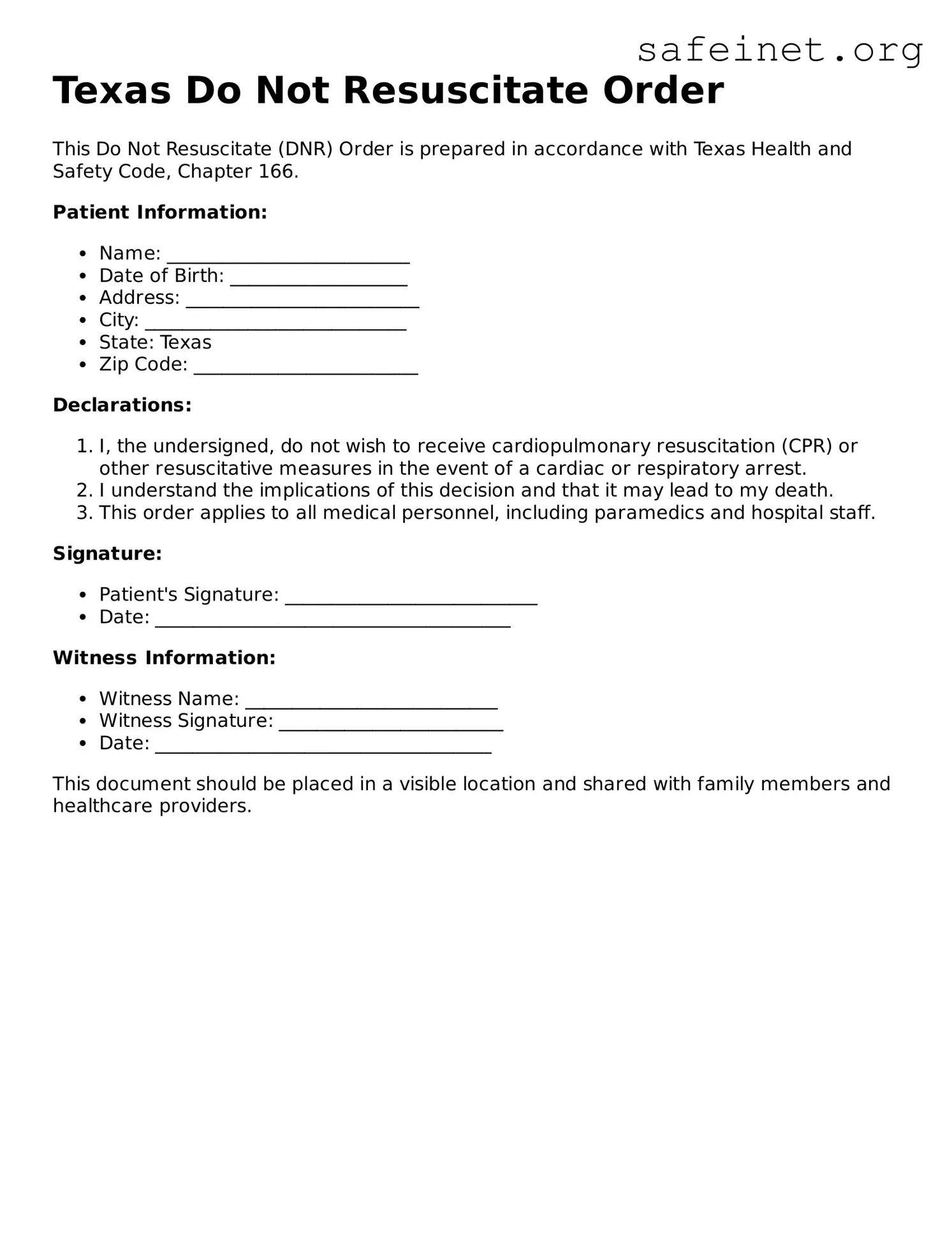 Valid Do Not Resuscitate Order Template for the State of Texas