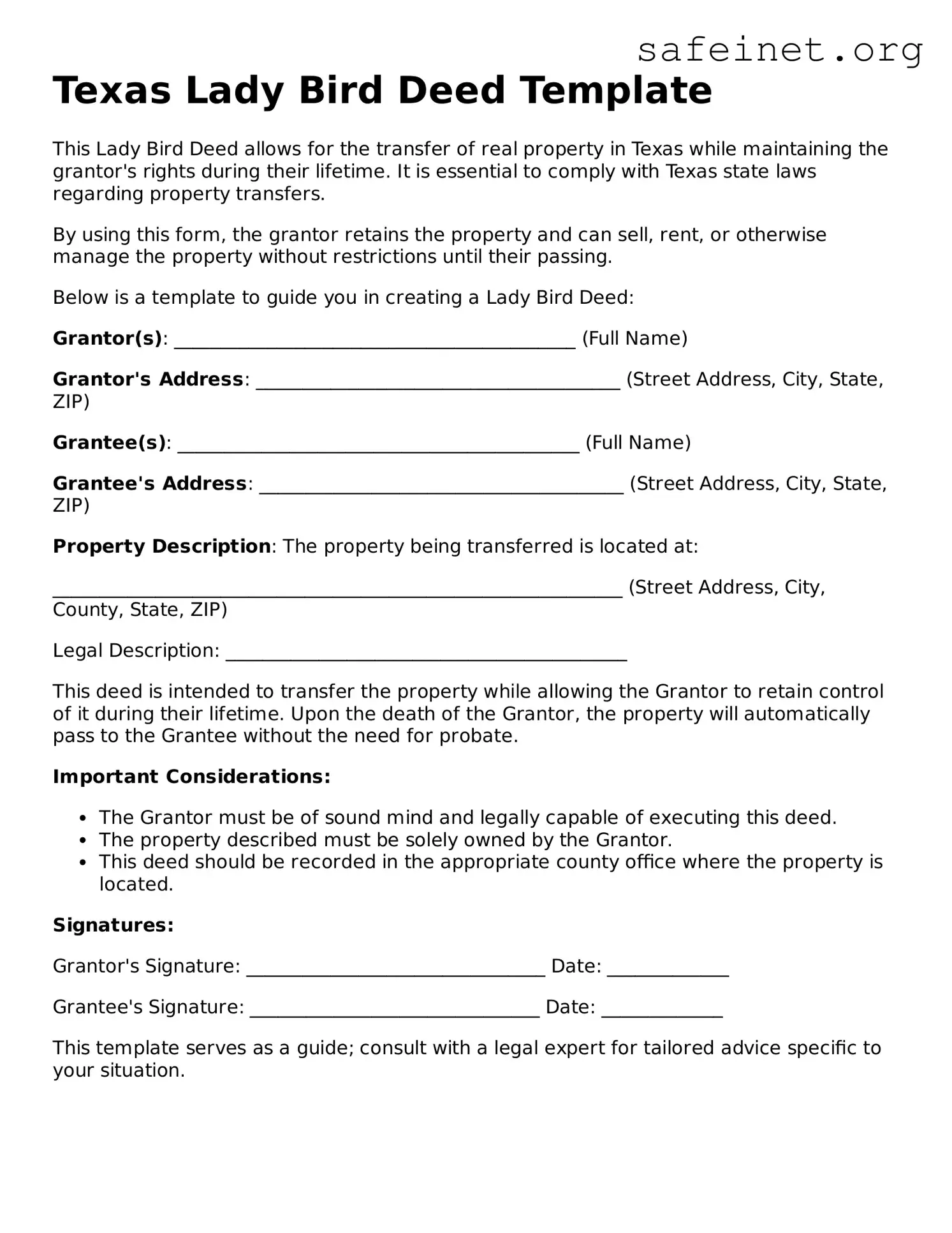 Valid Lady Bird Deed Template for the State of Texas