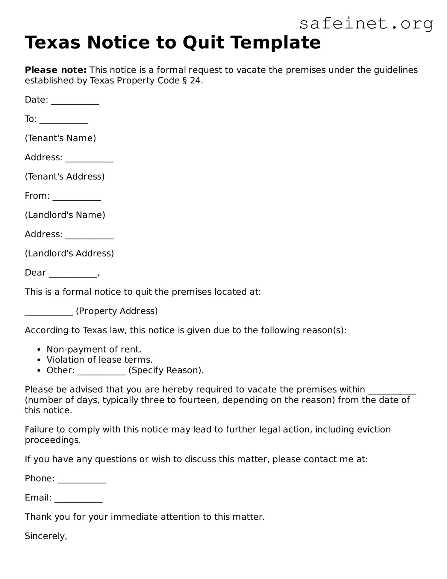 Valid Notice to Quit Template for the State of Texas