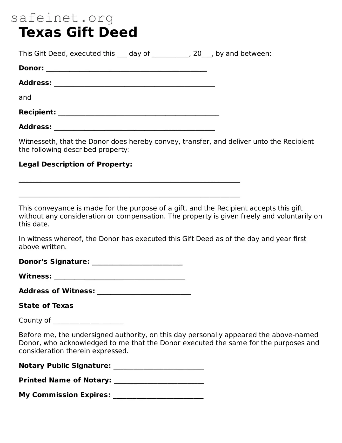 Valid Gift Deed Template for the State of Texas