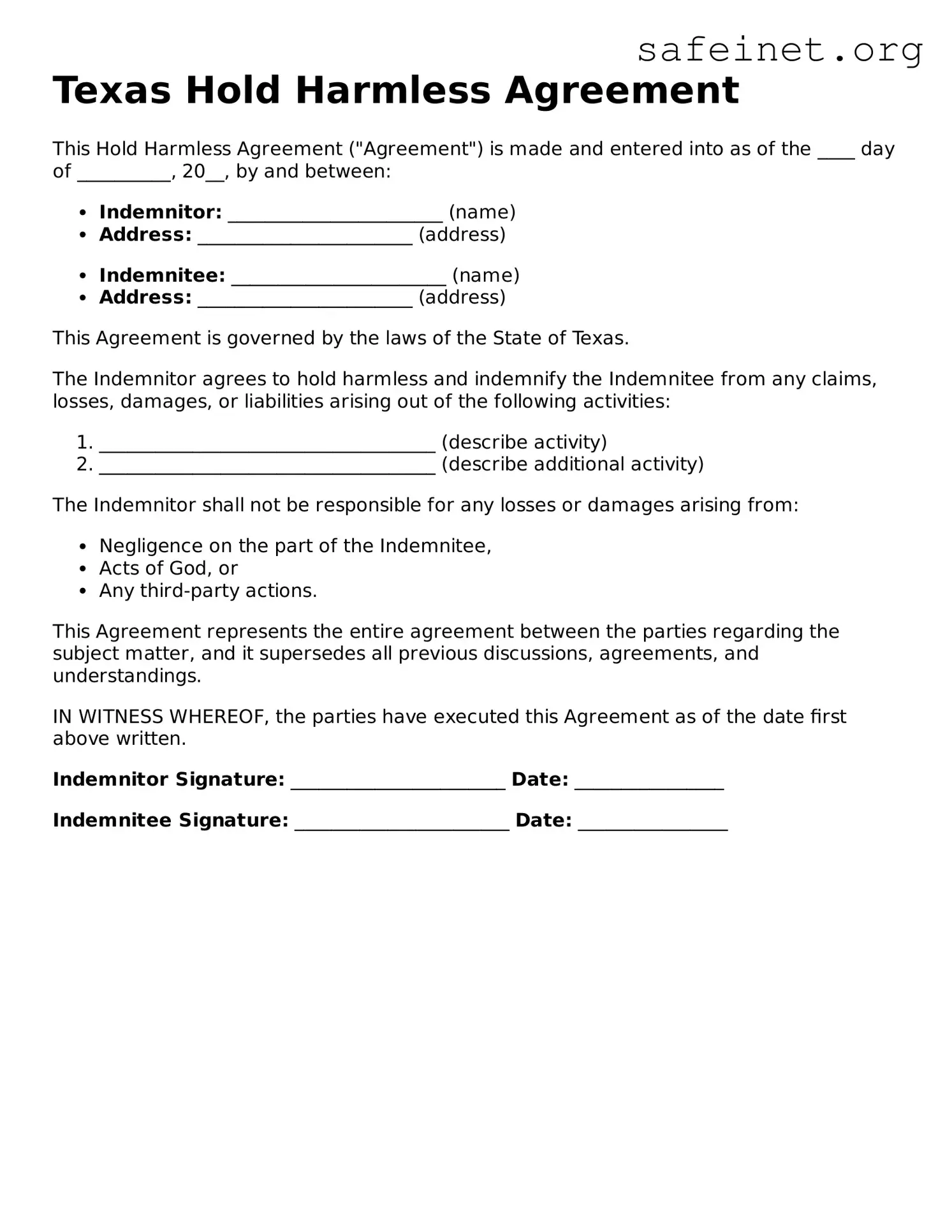 Valid Hold Harmless Agreement Template for the State of Texas