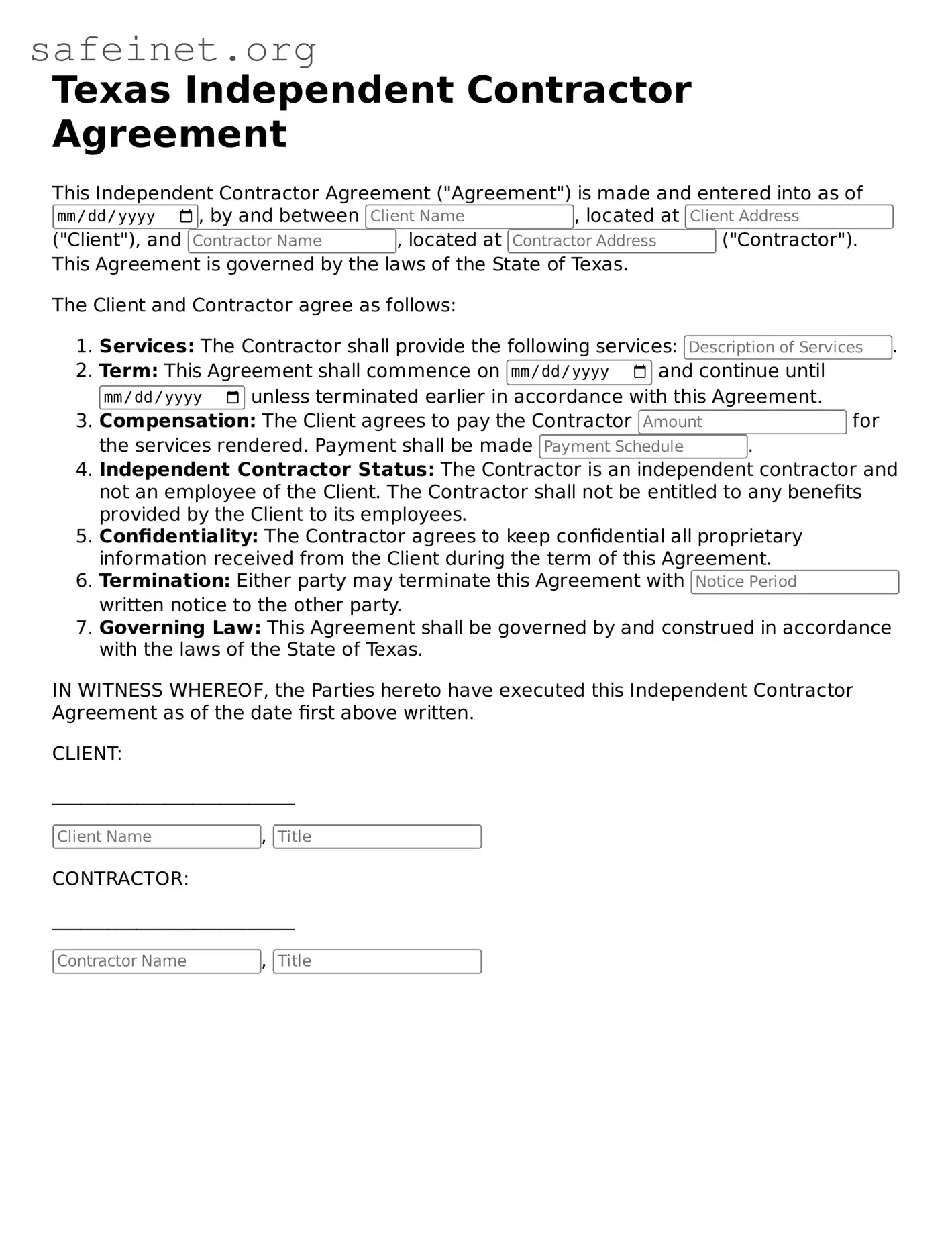 Valid Independent Contractor Agreement Template for the State of Texas