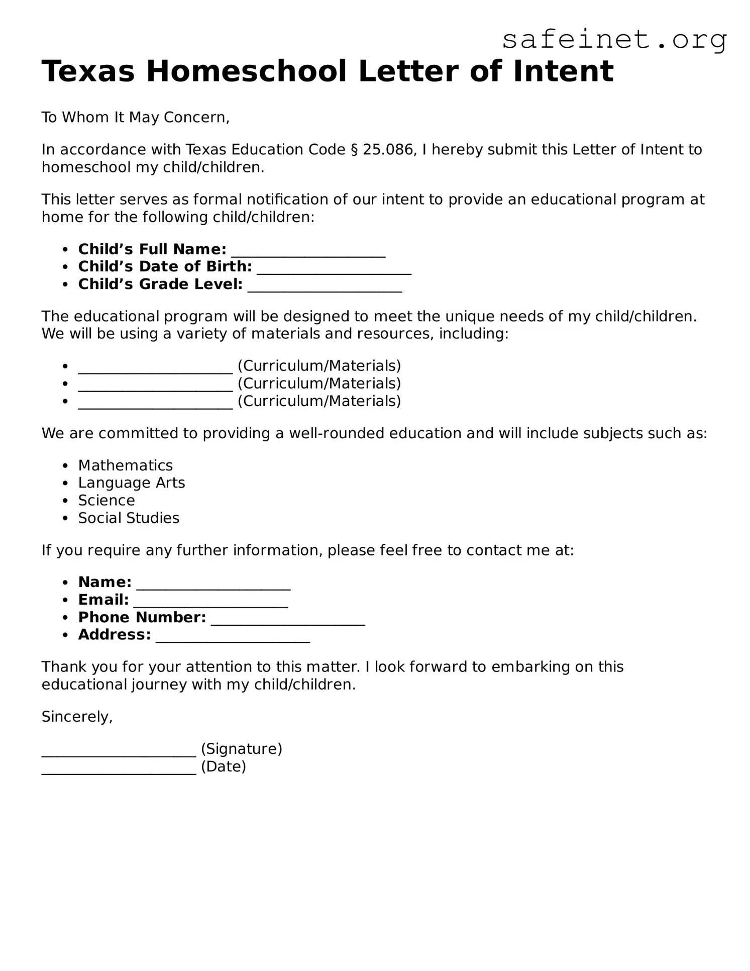 Valid Homeschool Letter of Intent Template for the State of Texas