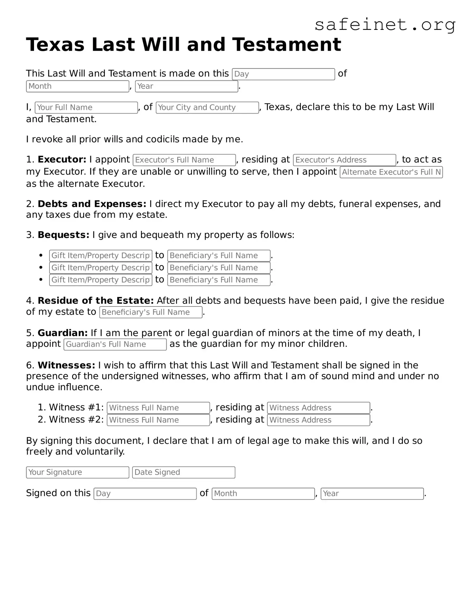 Valid Last Will and Testament Template for the State of Texas