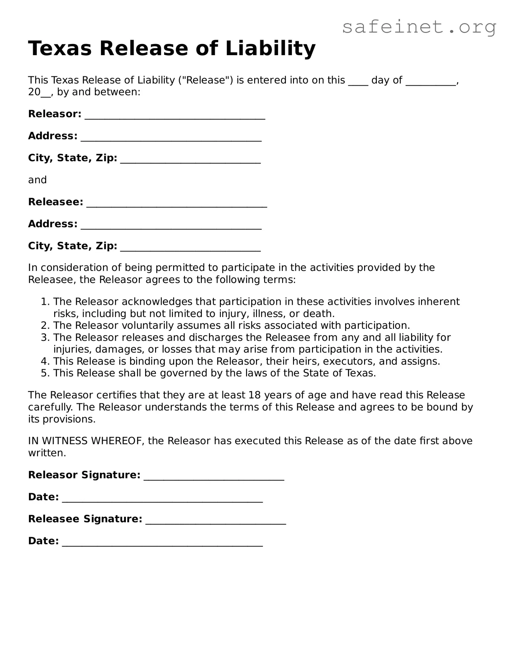 Valid Release of Liability Template for the State of Texas