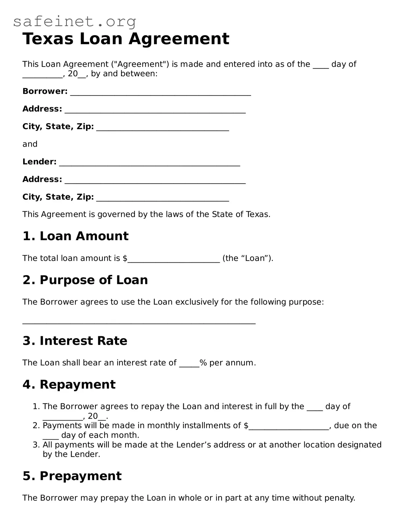 Valid Loan Agreement Template for the State of Texas