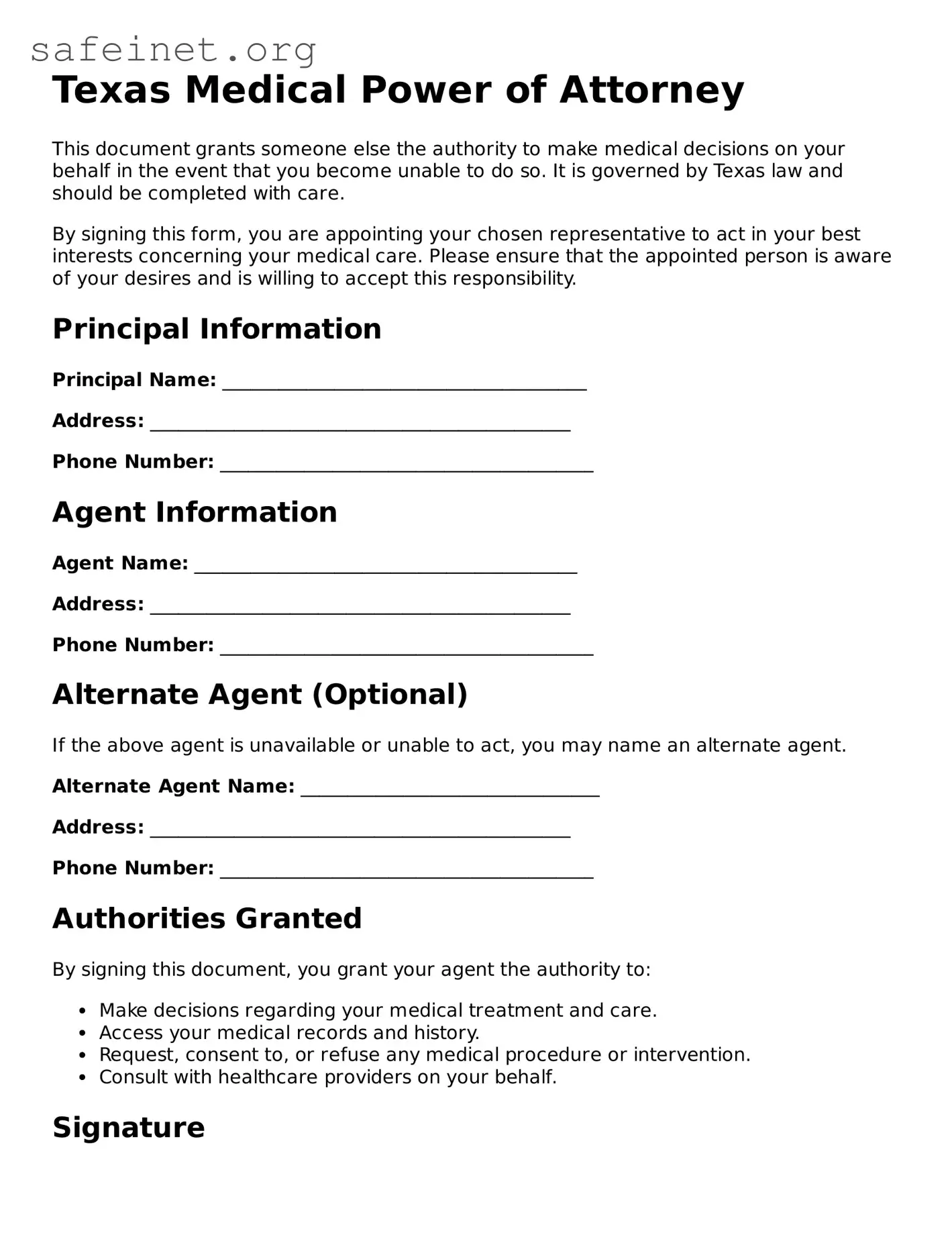 Valid Medical Power of Attorney Template for the State of Texas