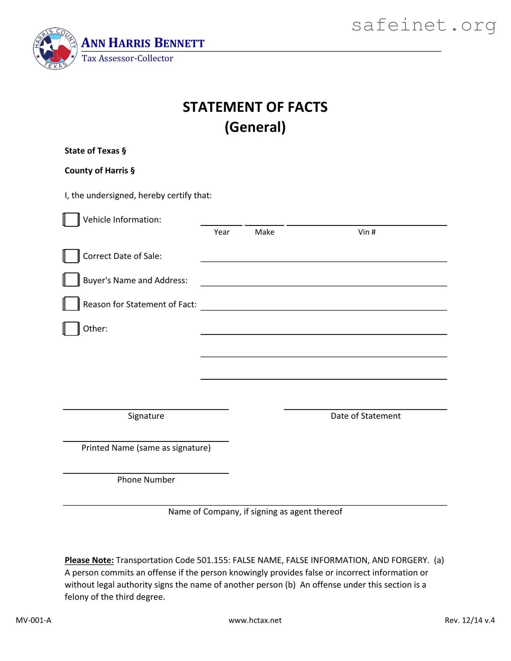 Blank Statement Of Fact Texas Template