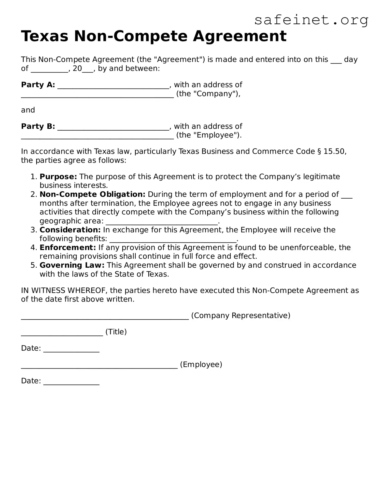 Valid Non-compete Agreement Template for the State of Texas