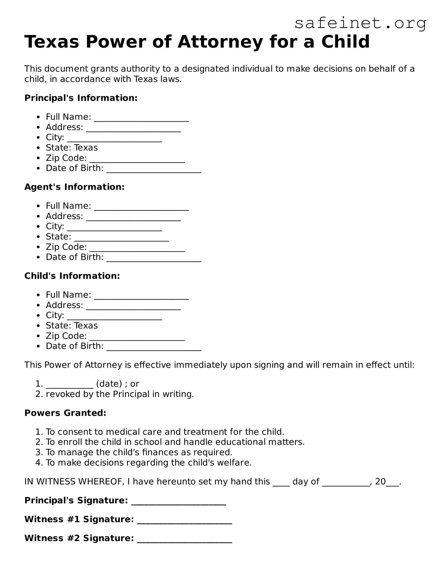 Valid Power of Attorney for a Child Template for the State of Texas