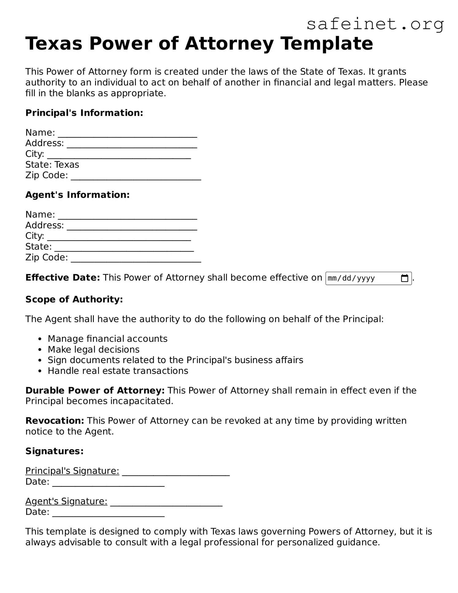 Valid Power of Attorney Template for the State of Texas